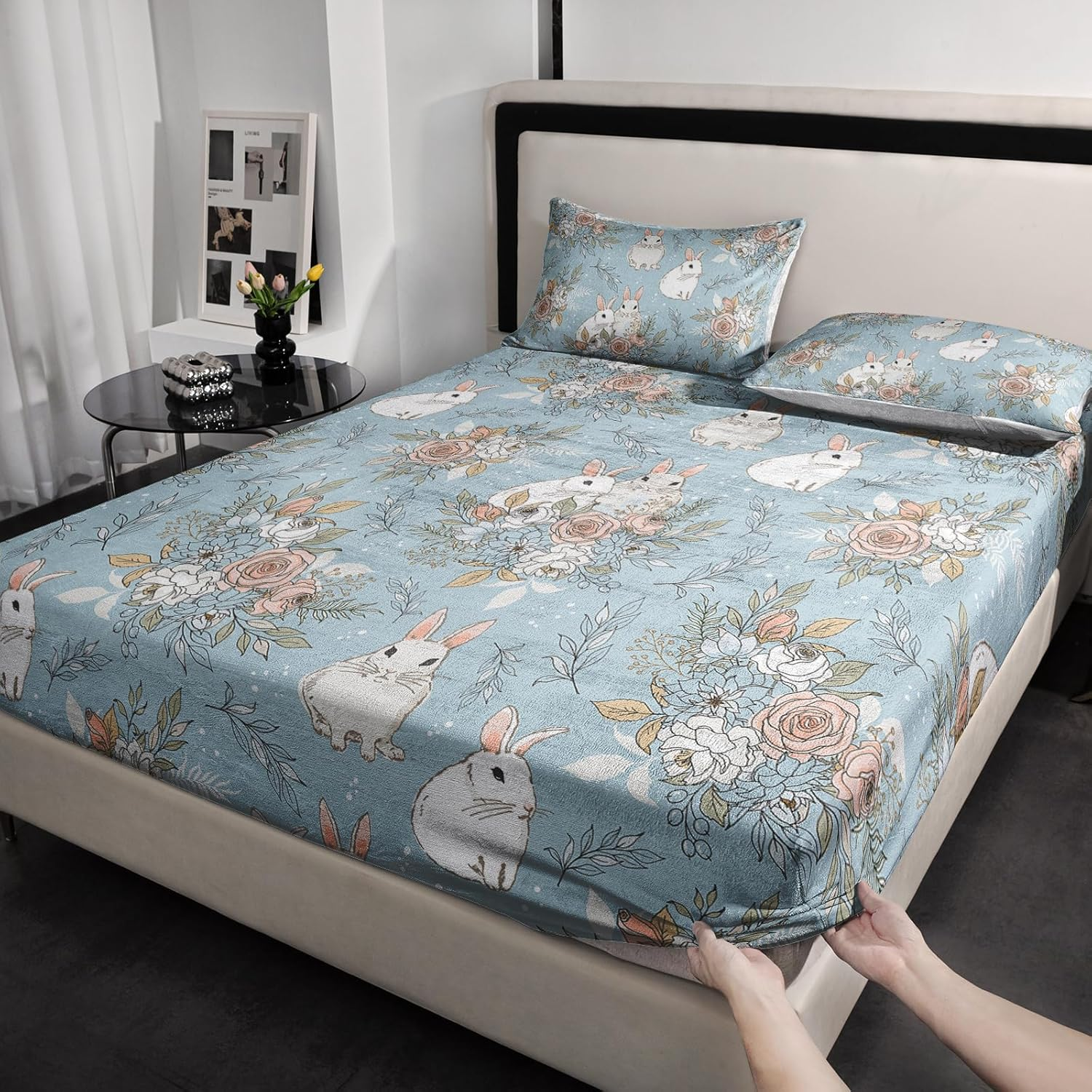 QOOMO Rabbit Flowers Fleece Bed Sheet Set,Queen 3-Piece Polar Fleece Sheet Set Includes,2 Pillowcases and 15" Deep Pocket Fitted Sheet,Velvet Plush Bedding Set,Warm and Soft image number 2