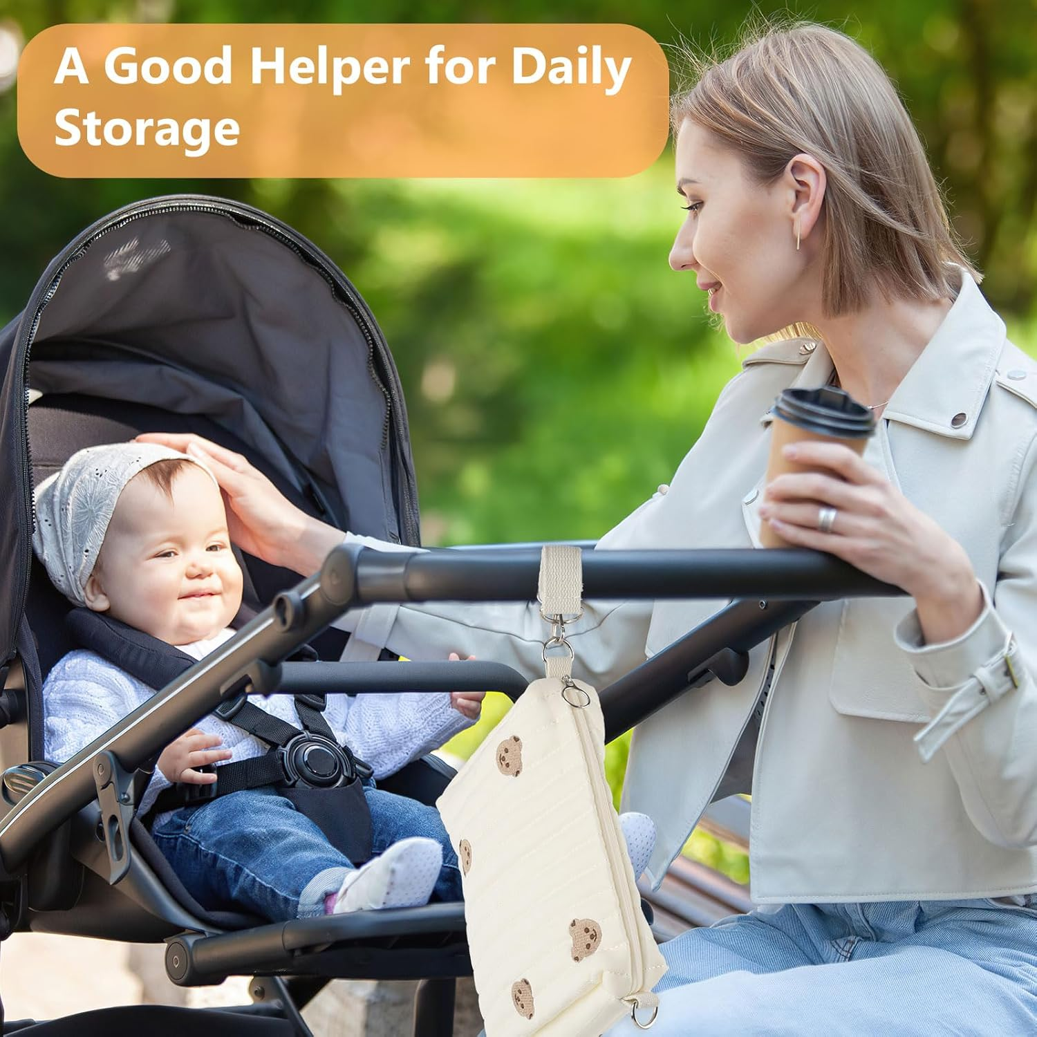 Portable Diaper Bag, Embroidery Bear Baby Changing Bags, Cotton Nappy Bag Organiser, Mum Bag with Pram Hook, for Mum Baby Travel, White, Black, Black image number 1