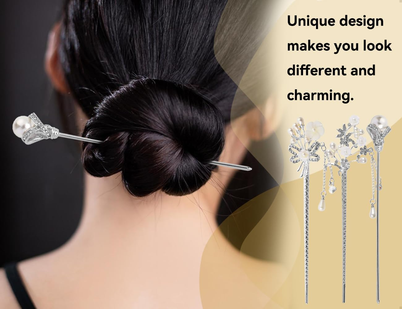 Emezddo Pack of 3 Pearl Hair Sticks, Chinese Hairpin, Vintage Tassel Hairpin, Flower Hair Accessories, Used for Girls Women, for Retro Parties, Traditional Chinese Festivals image number 1