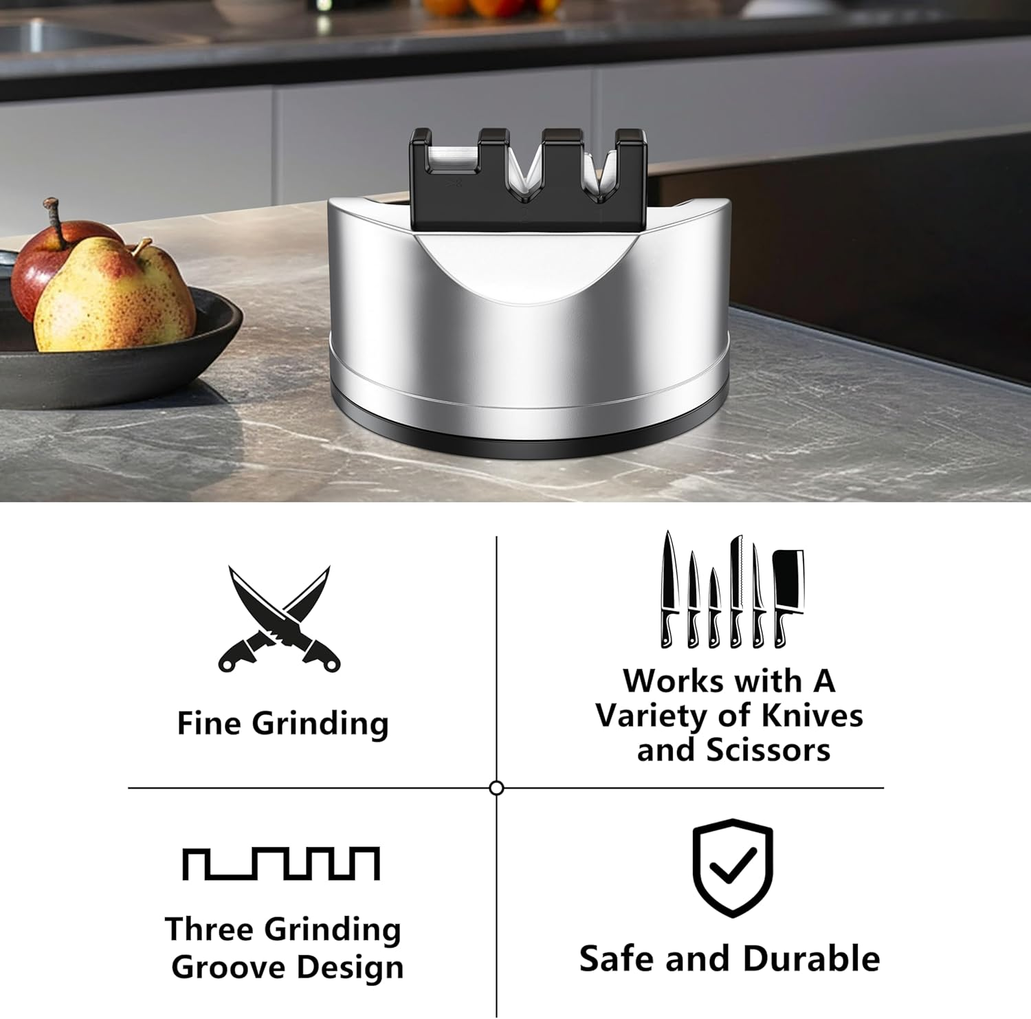 Knife Sharpener for Kitchen: Tungsten Steel & Porcelain 3-Stage Knives Sharpening Stone for Kitchen Scissors, Straight and Serrated Blades, with Suction Cup Hands-Free Safety image number 3