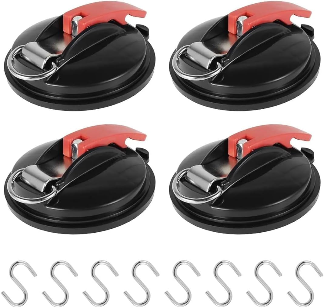 AIMALL 4-Pack Multifunctional Car Suction Cup Anchor with S-Hooks 5X1.9 Inch Heavy Duty PVC Suction Pad with Nylon Handle and D-Ring for Camping Pet Tie down Storage