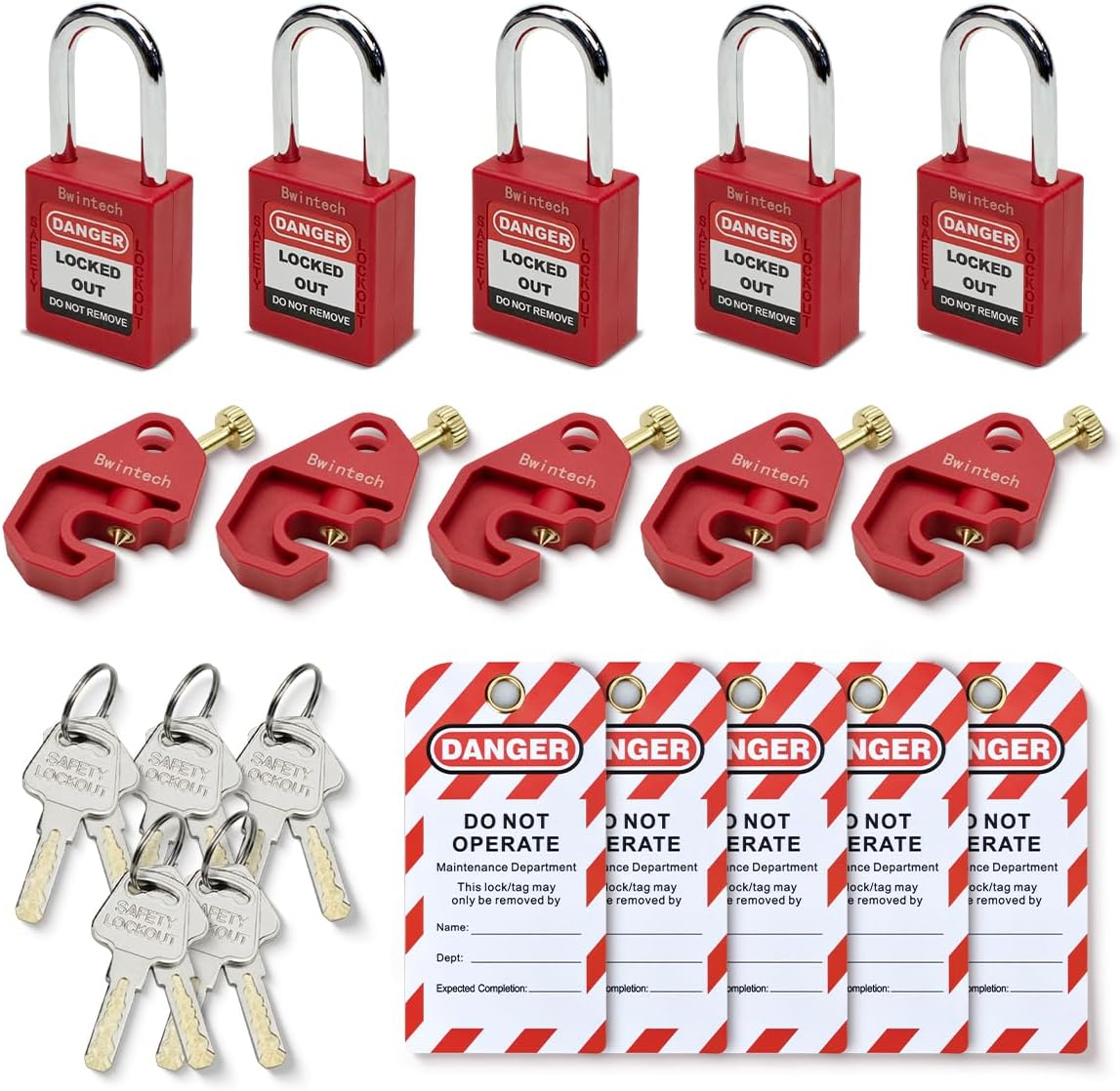Bwintech 5 Piece 38MM Different Red Safety Padlock Set with Key with Circuit Breaker Safety Lock Padlock Loto Tag Safety Padlock Meets the Requirements of the Industrial Electrical Lockout Tagout Kit