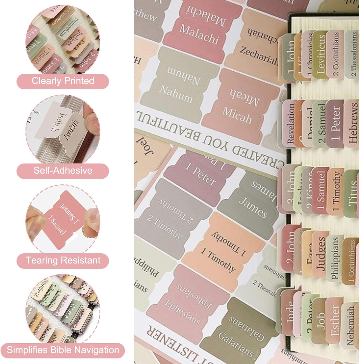 Bible Index Tabs Set -90 Reusable Laminated Study Tabs for Women & Men, Boho Theme Book Labels
