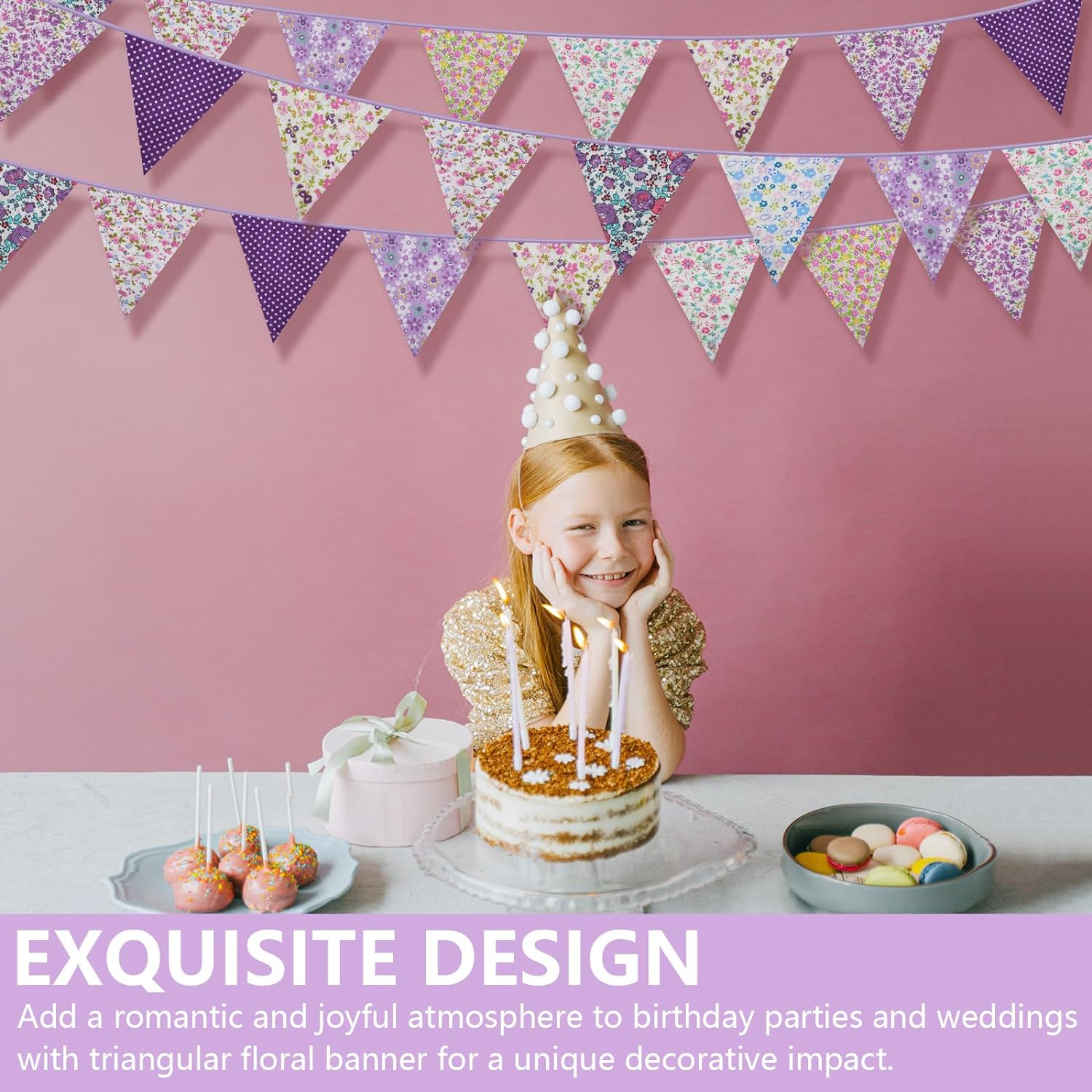 33Ft Floral Triangle Flags, Vintage Bright Triangle Pennants, Purple Bunting Garland Fabric Banner for Birthday Wedding Garden Party Afternoon Tea Decor Outdoor & Home Decoration