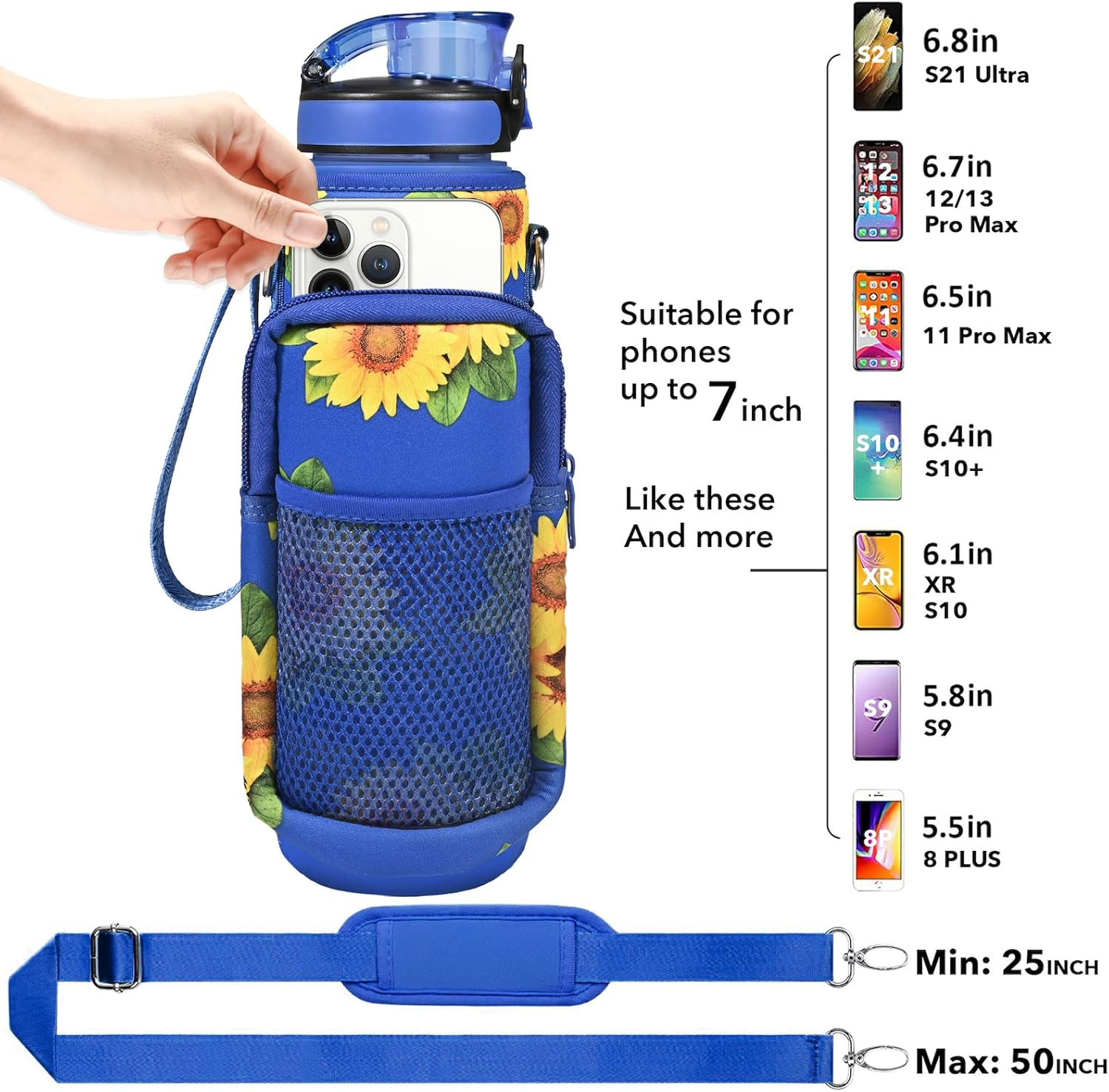 32 Oz Water Bottles with Straw & Strap, Motivational Water Bottles with Times to Drink, BPA Free Reusable Sports Water Bottle with Sleeve Carrier for Hiking, Travel, Running or Fitness (Sunflowers) - Mars Green image number 5