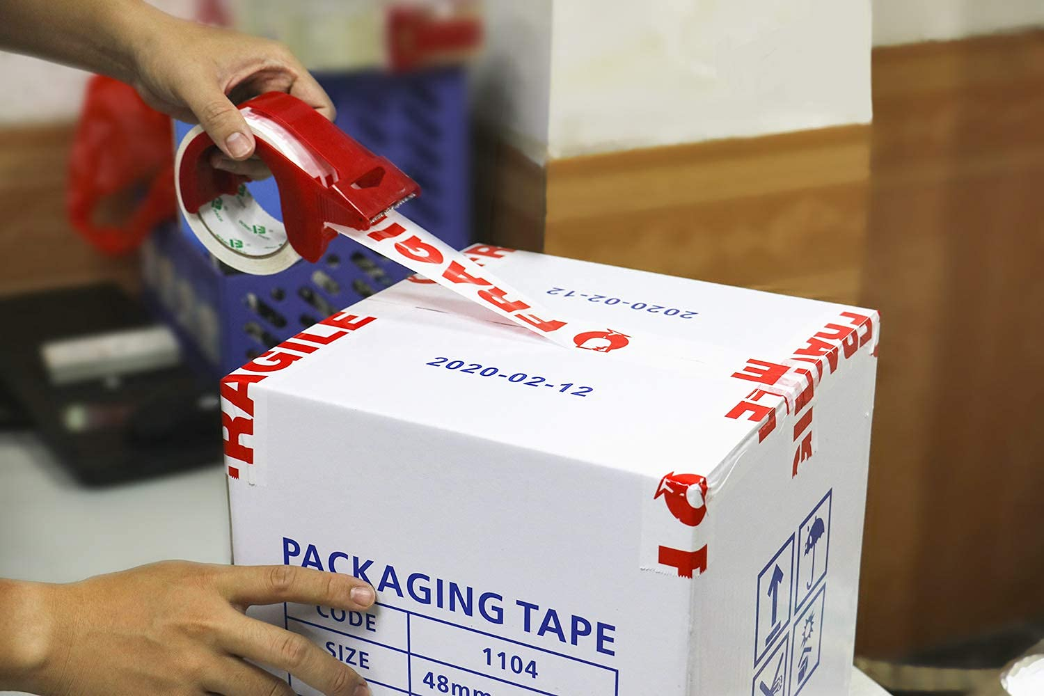 Fragile Tape Carton Box Packing Tape for Handle with Care Sealing and Shipping, White & Red, 6 Rolls 48Mm X 75M per Roll, BOMEI PACK image number 2