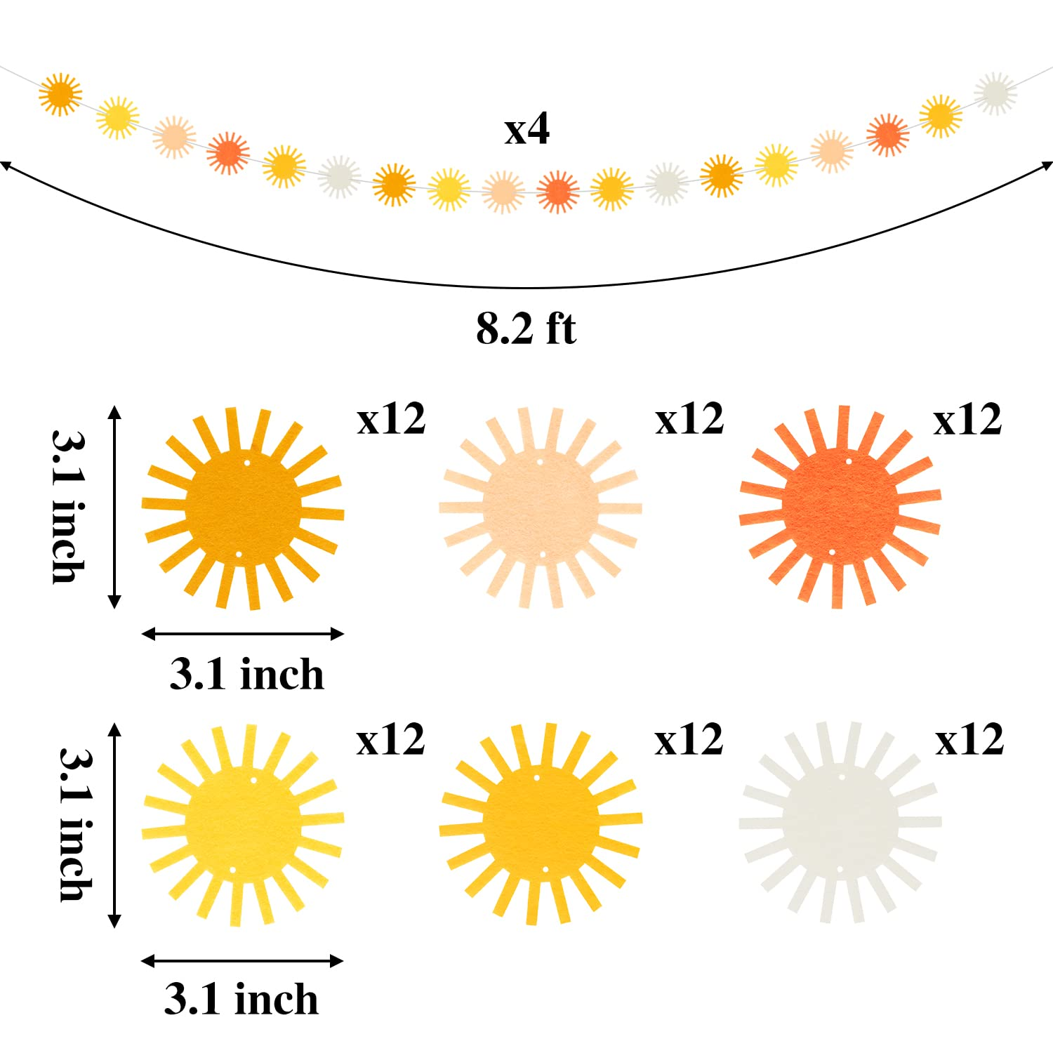 Boho Sun Garland Felt Artificial First Trip around the Sun String Banner Hippie Boho Muted Sun Party Supplies Aesthetic Indoor Outdoor Party Decoration for Baby Shower Wedding, 4Pcs image number 5