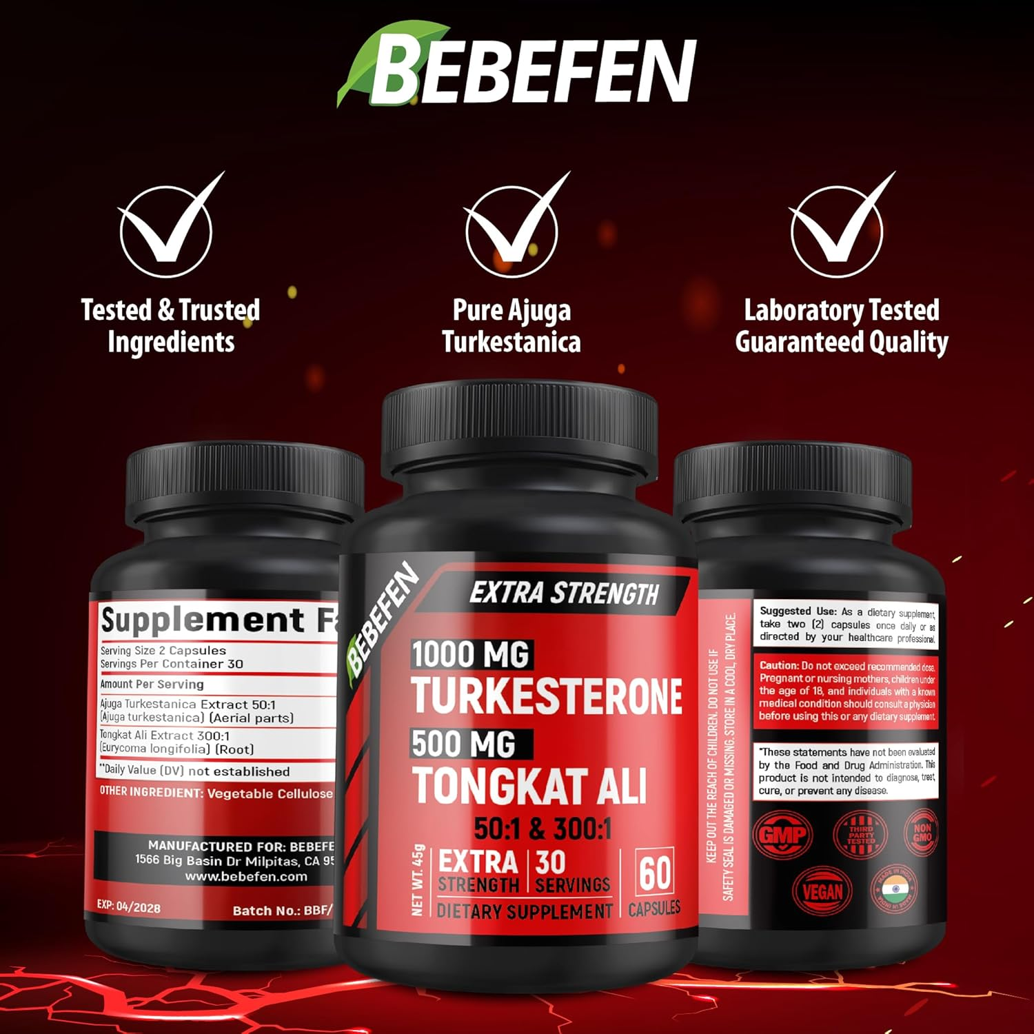 Turkesterone 1000Mg and Tongkat Ali 500Mg Supplement - Max Purity - Tongkat Ali Extract and Turkesterone Supplement for Men - Zero Fillers - Non-Gmo (60 Capsules) image number 3