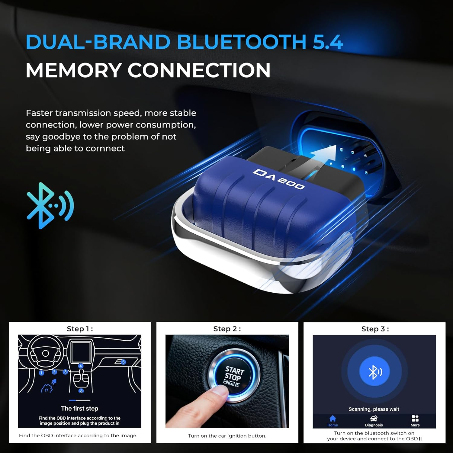 OBD-II Scanner Bluetooth, Unique AI Solutions,Carbon Deposition,Code Reader for Check Engine Light, Battery Test & Performance Monitoring Live Data, Wireless Auto Scan, Works with Ios & Android,Da200 image number 2