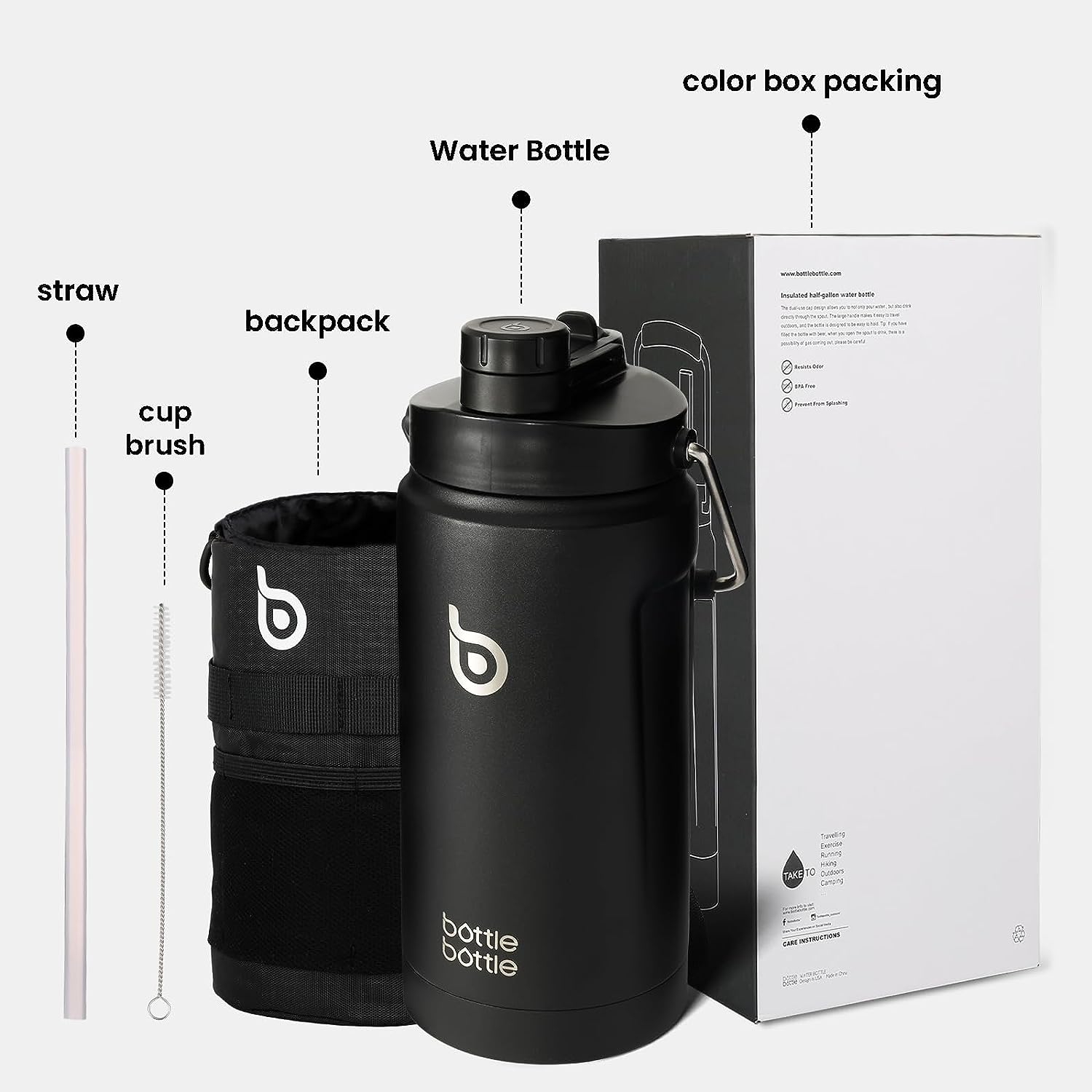 Bottle Bottle 2Litre Insulated Large Water Bottle with Straw and Dual-Use Lid Half Gallon Double Wall Vacuum Water Jug Stainless Steel Big Water Bottle for Workout and Sports （Black） image number 1