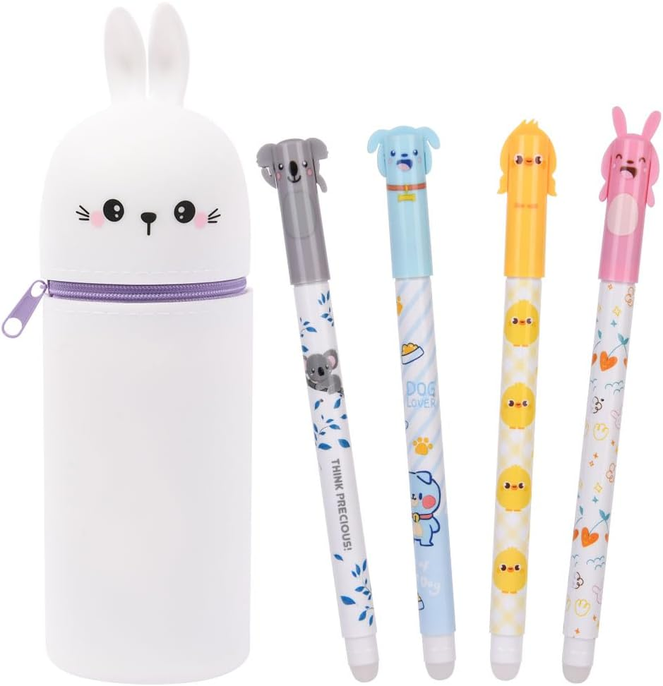 OFFCUP 2 in 1 Soft Silicone Pencil Case, Filled Pencil Case with 4Pcs Erasable Gel Pens, Kawaii Rabbit Zipper Pen Holder, Pen Pouch for Office Home or School Back to School - Chicken image number 4