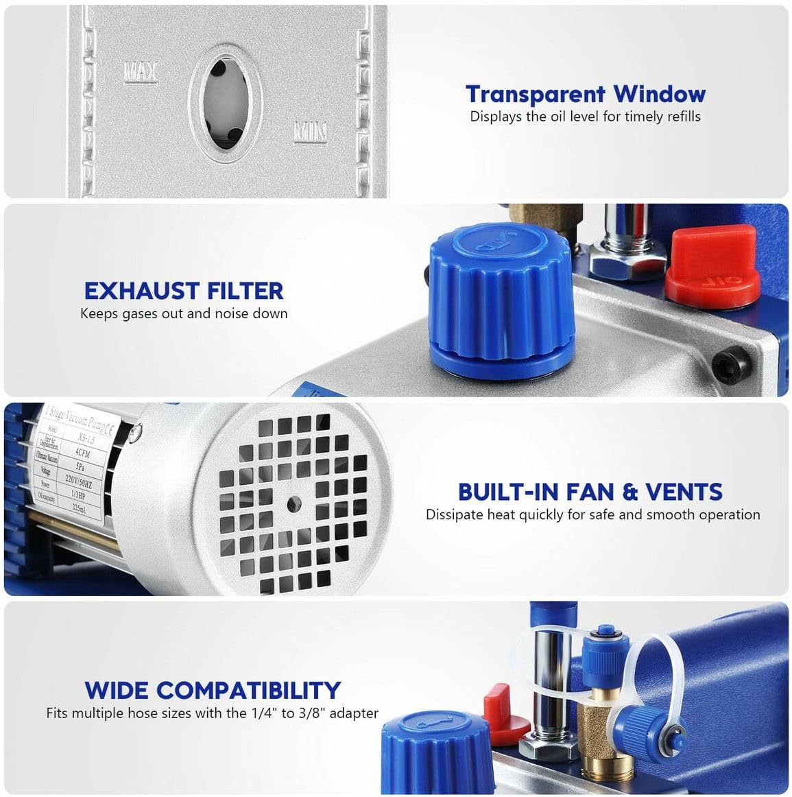 AUSWAY 4CFM Vacuum Pump Set 1/3 HP 1 Stage Air Conditioning HVAC Refrigeration Auto AC Repair Tools Food Clothes Packaging R134A R410 Manifold Gauges image number 4