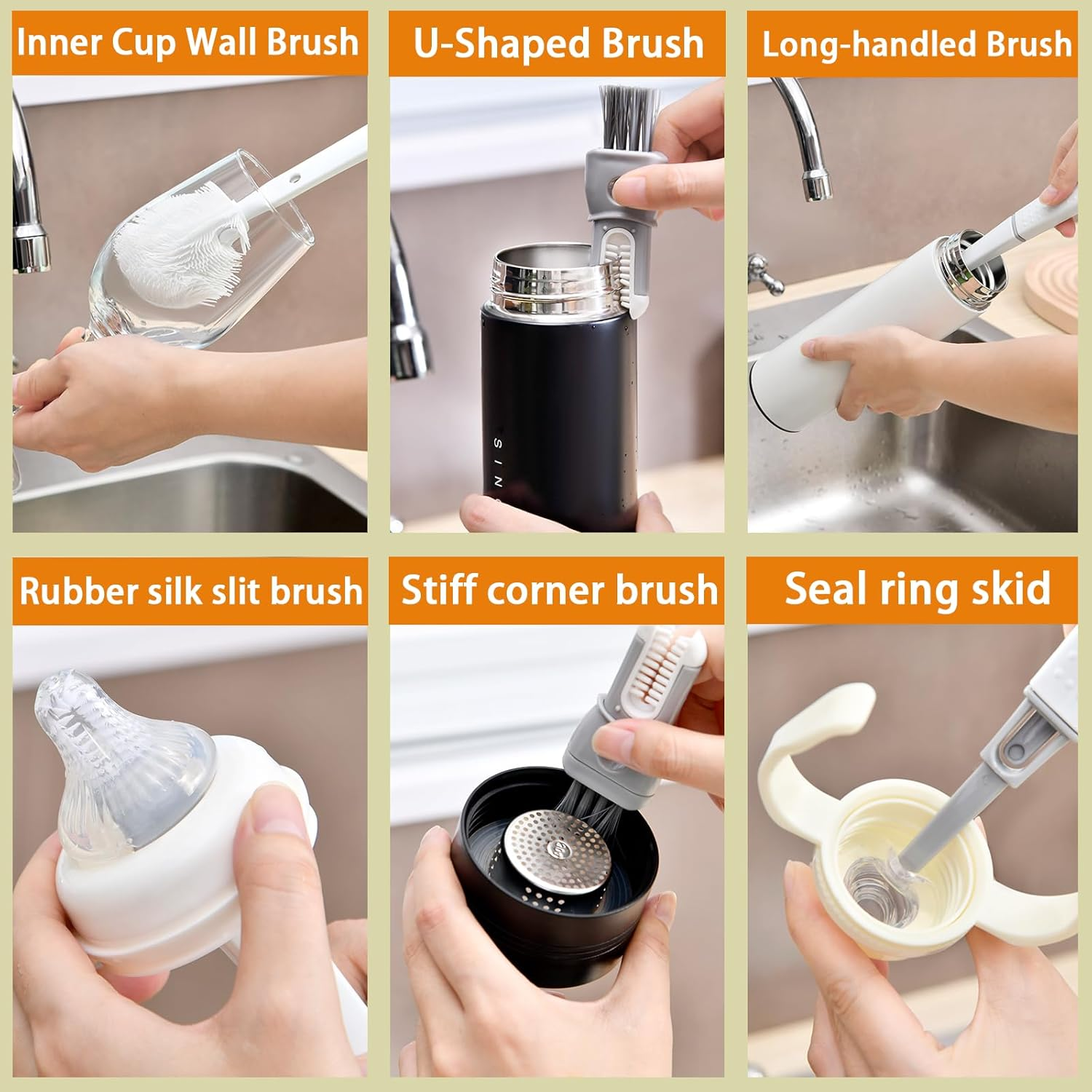 Aofly 5-In-1 Reusable Cleaning Brush & Water Bottle Cleaner & Baby Bottle Brush, Soft Nylon Bristles, Food-Grade Silicone Bottle Brush, Portable Design (White) image number 2