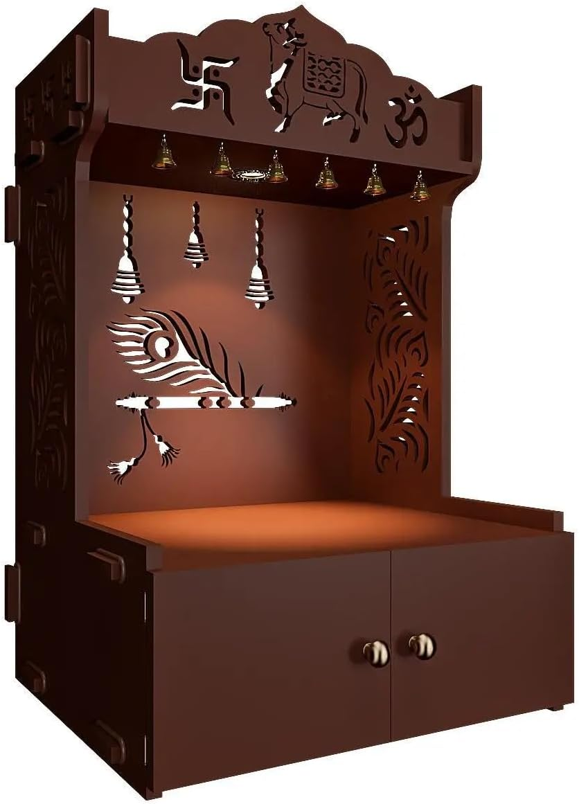 Krishna'S Grace Mor Pankh Wooden Home Temple for Serenity with Inbuilt Focus Light - Walnut Color image number 4