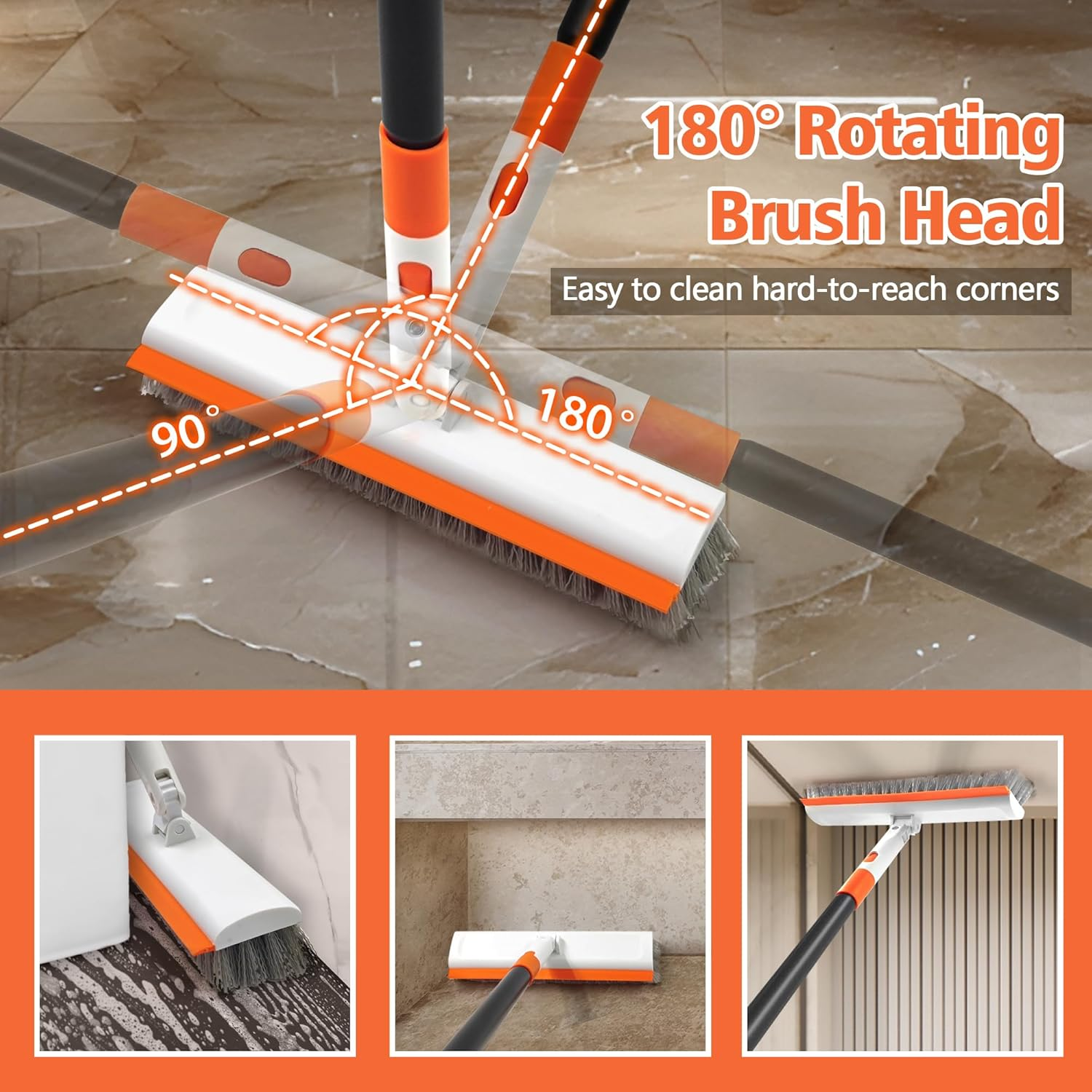 NEWE Floor Scrub Brush with Long Handle, 2 in 1 Stiff Bristles Scrubber Mop with Squeegee for Cleaning Deck Tile Tub Garage Patio Wall Sink Bathroom Kitchen image number 4