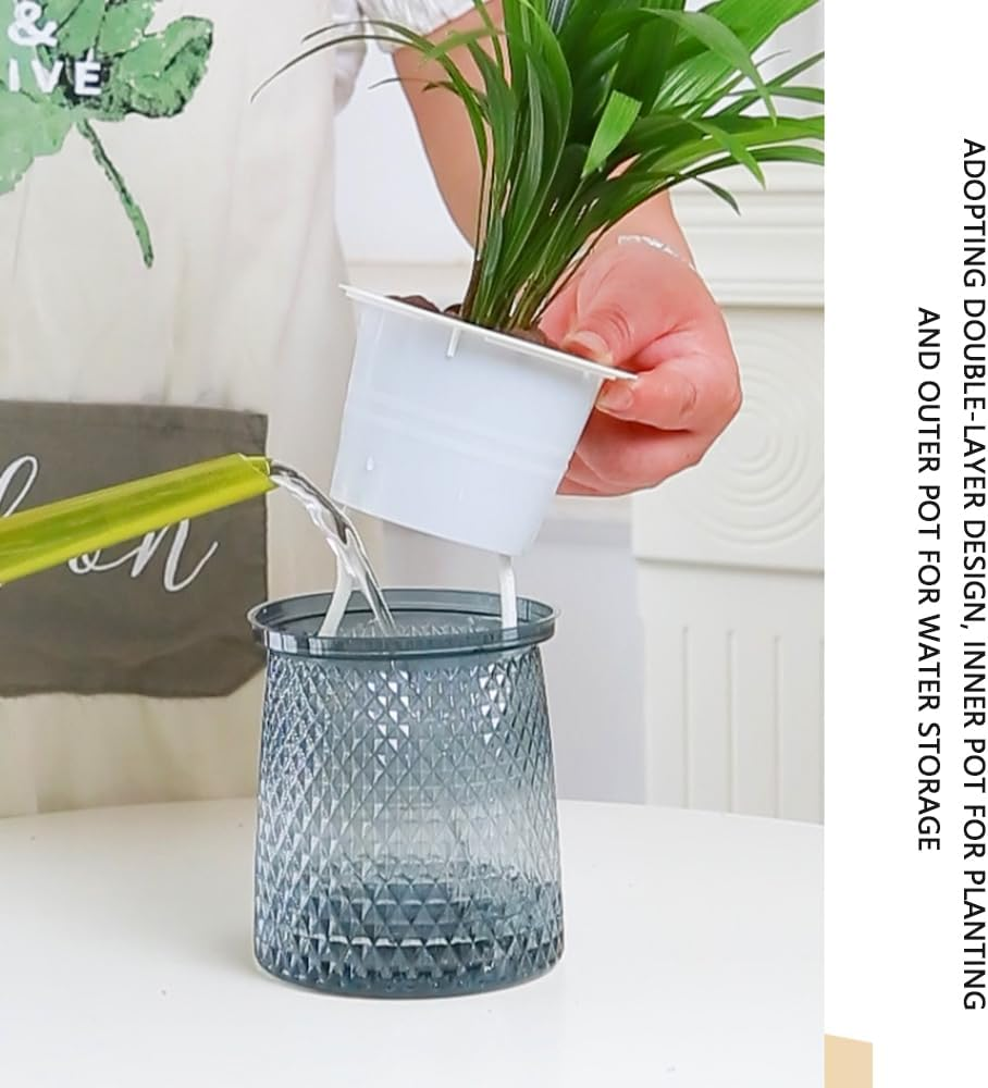4PCS Self-Watering Planters &ndash; Transparent Double-Layer Indoor Flower Pots with Automatic Watering System &ndash; Diamond Design Plastic Planters for Orchids, Herbs, and Small Plants image number 6