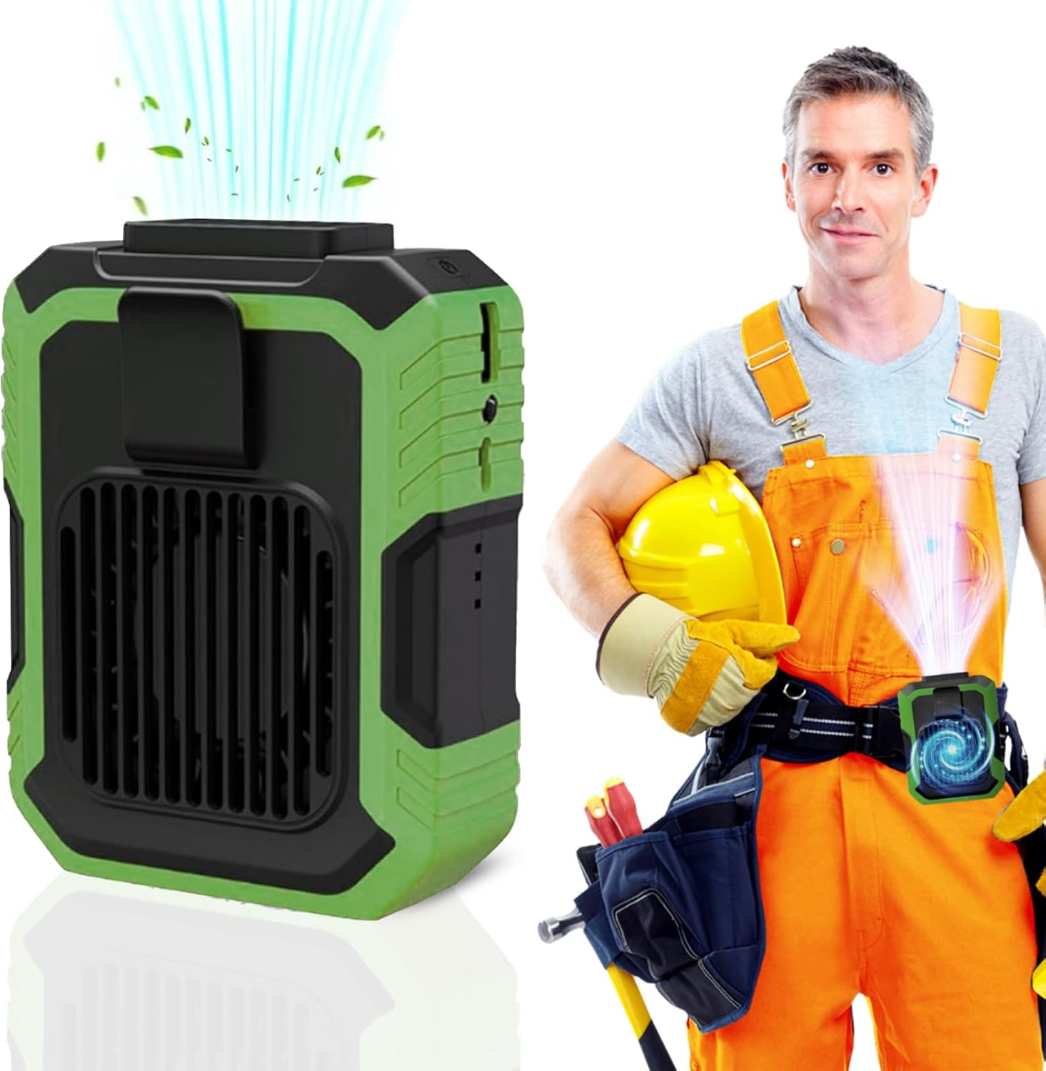 Blue Collar Breeze -Portable Waist Fan, Portable Cooling Fan That Clips to Your Waist, Portable Ceiling Fan, Belt Fan, Wearable Fan, 3 Speeds, Clip-On Fan for Outdoor Use (Green)
