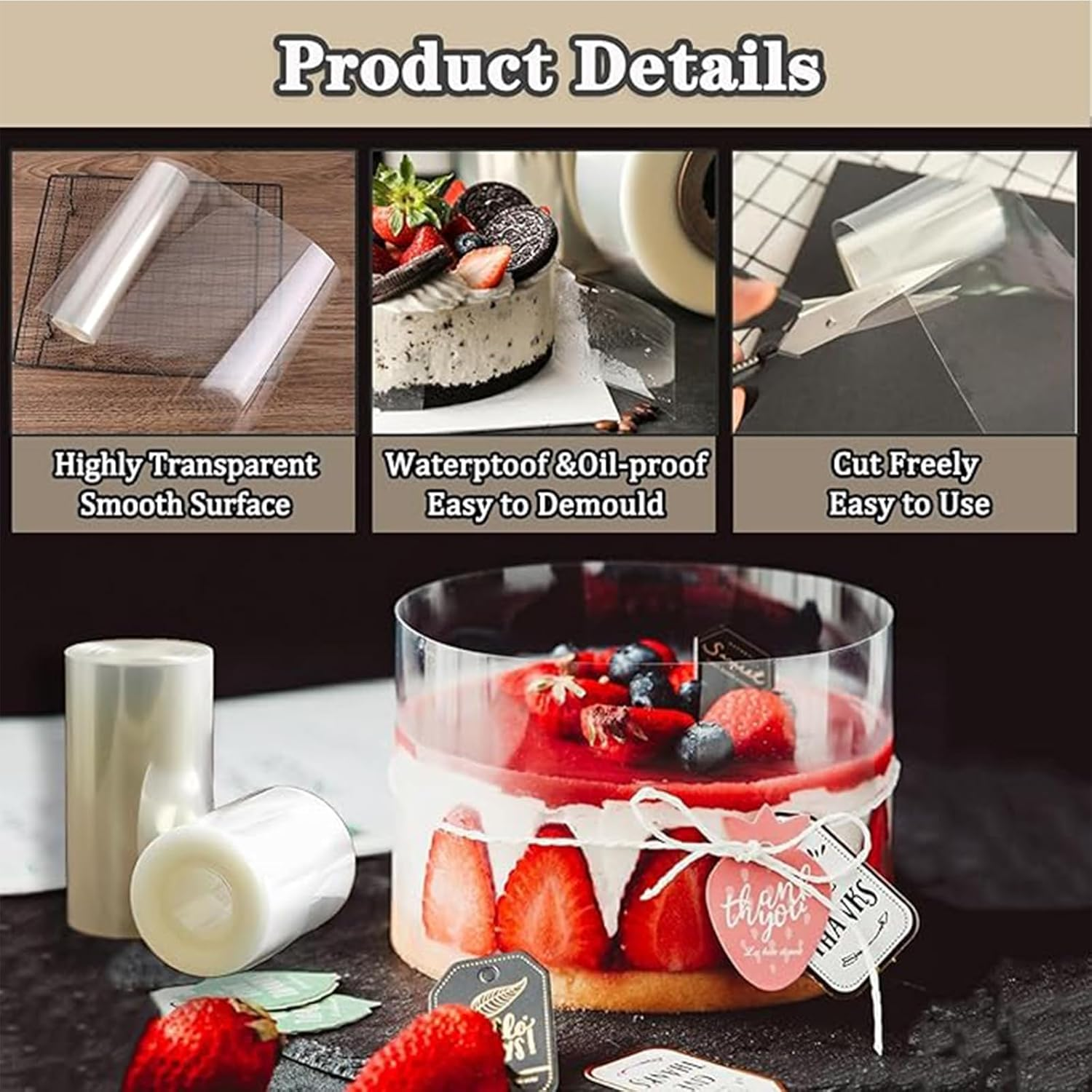 4 Rolls Cake Collars - Transparent Cake Surrounding Sheet for Baking - 6CM/8CM/10CM/15CM Non-Edible Chocolate Mousse Collar, Durable & Flexible Baking Essential for Home Bakers & Chefs (10M/Roll) image number 3