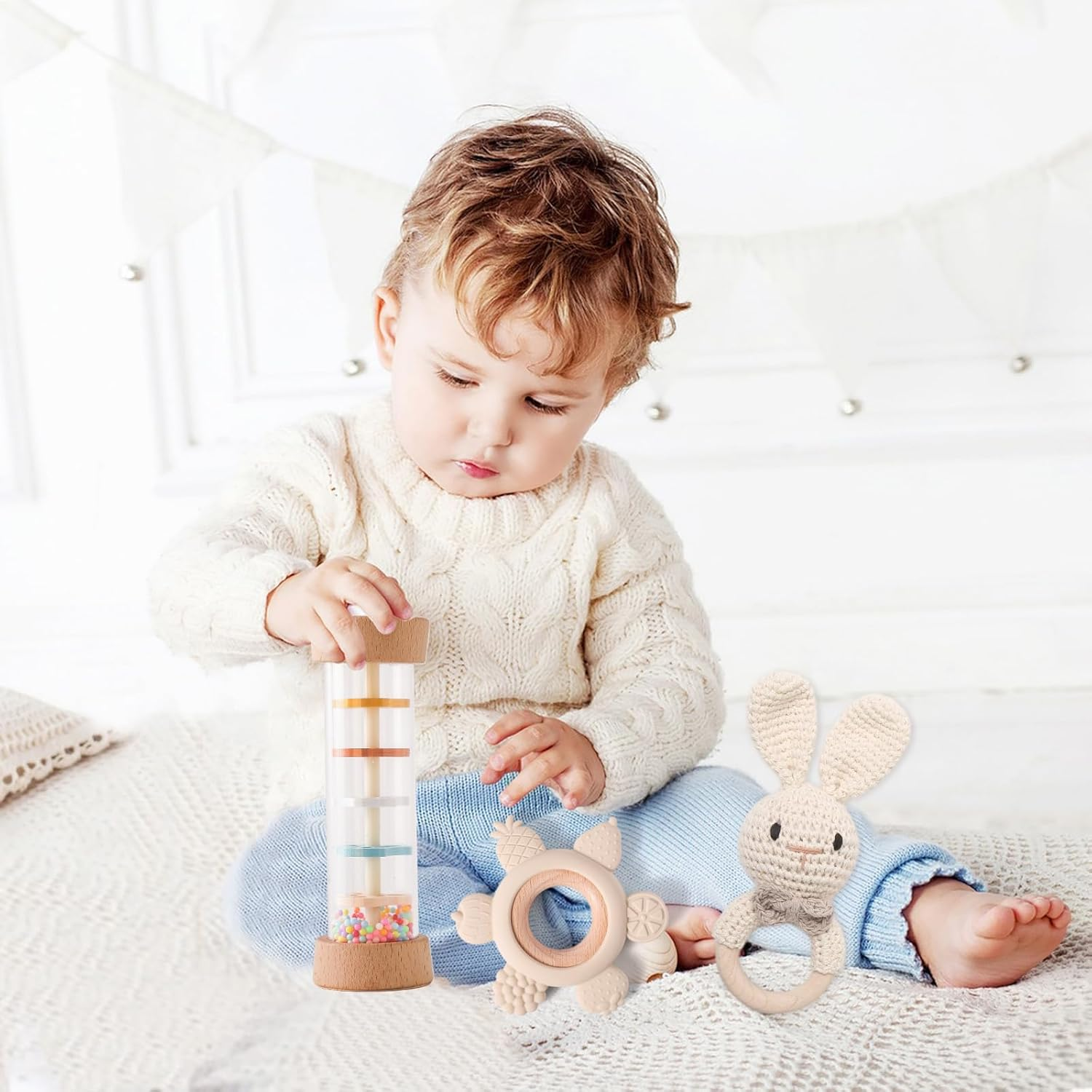 IEATFO Wooden Baby Rattle Set (3Pcs) - Crochet Rattle Rain Stick Toys, Wooden Montessori Toy for Newborn Infant Baby Rattles Set Toys 3-6-12 Months (Bunny) image number 2