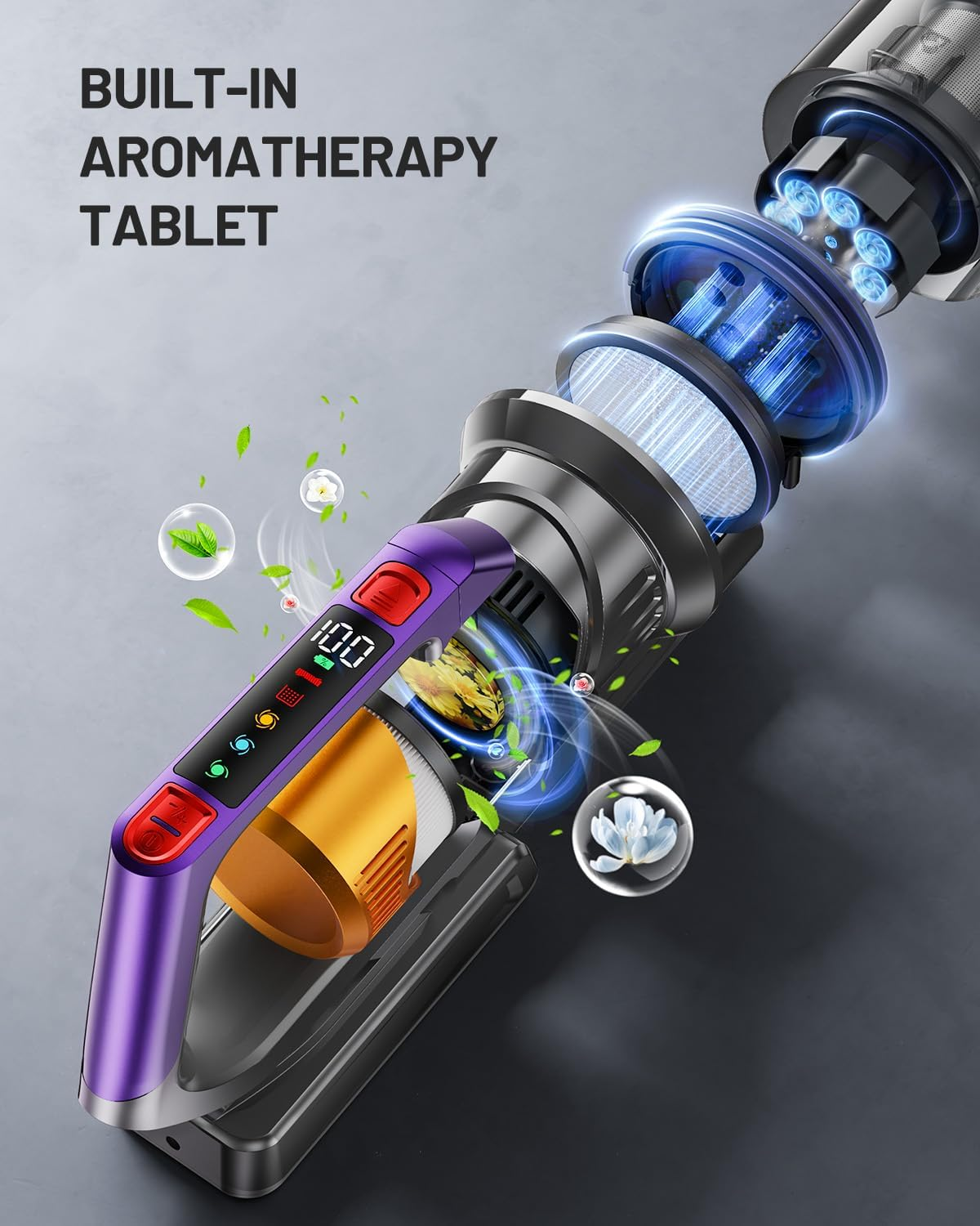 Cordless Vacuum Cleaner, 550W/45Kpa, Max 70 Mins Runtime, Self-Standing Vacuum Cleaners, Anti-Tangle Stick Vacuum with Aromatherapy, Smart Display Vacuum with 1.6L Cup for Pet Hair/Carpet/Hard Floor image number 5