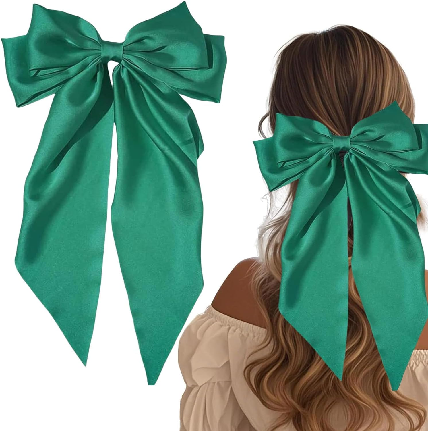 Pack of 1 Bow Hair Clip, Big Bowknot Hairpin with Long Silky Satin, Plain French Barrette for Women and Girls (Dark Green) image number 6