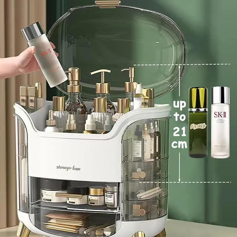 Makeup Organizer for Vanity, Portable Cosmetic Storage Box with Transparent Lid and Rotating Drawer, Dustproof and Waterproof Large Countertop Organizer Make up Holder for Bedroom, Bathroom image number 5