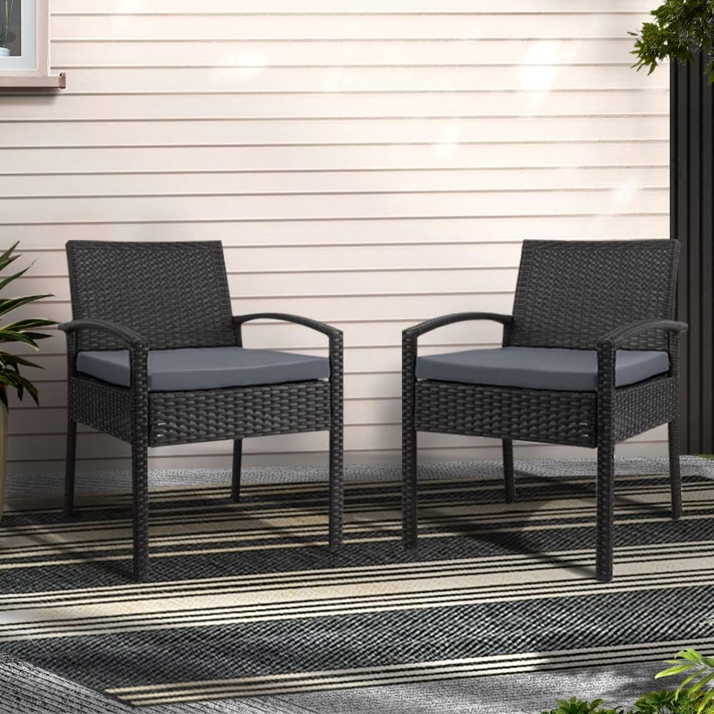 Gardeon Outdoor Dining Chairs Wicker Patio Deck Chair, Lounge Armchair Garden Furniture Seating Backyard Indoor, Cushion with Armrest Steel Rattan Black Ezra Set of 2 image number 5