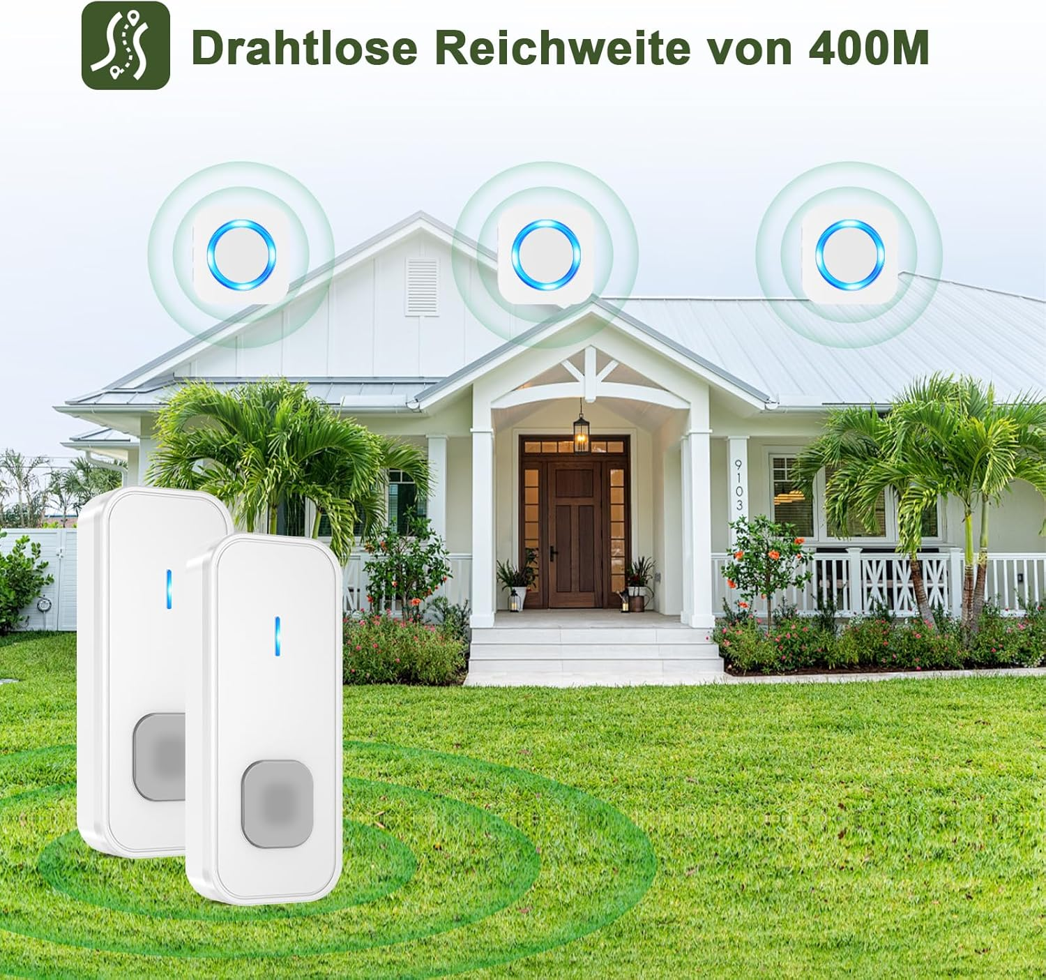 Wireless Bell 3 Receivers 2 Transmitters 400 M Wireless Range Front Door Bell Outdoor Waterproof Doorbell with 55 Ringtones, 5 Volumes, Flashing LED, House Bell Wireless Sets, White image number 3