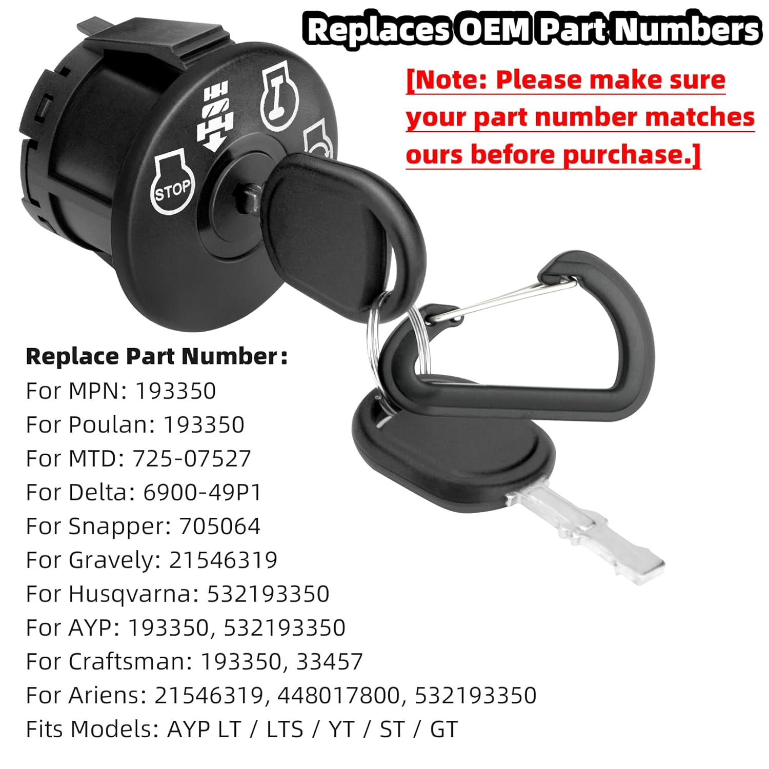 532193350 Ignition Switch with 2 Keys 4 Position 7 Terminals for AYP, Husqvarna, Craftsman, Sears, Poulan Lawn Mower Rider - Replaces 6900-49P1 33457 21546319 448017800 193350 725-07527 705064 image number 6
