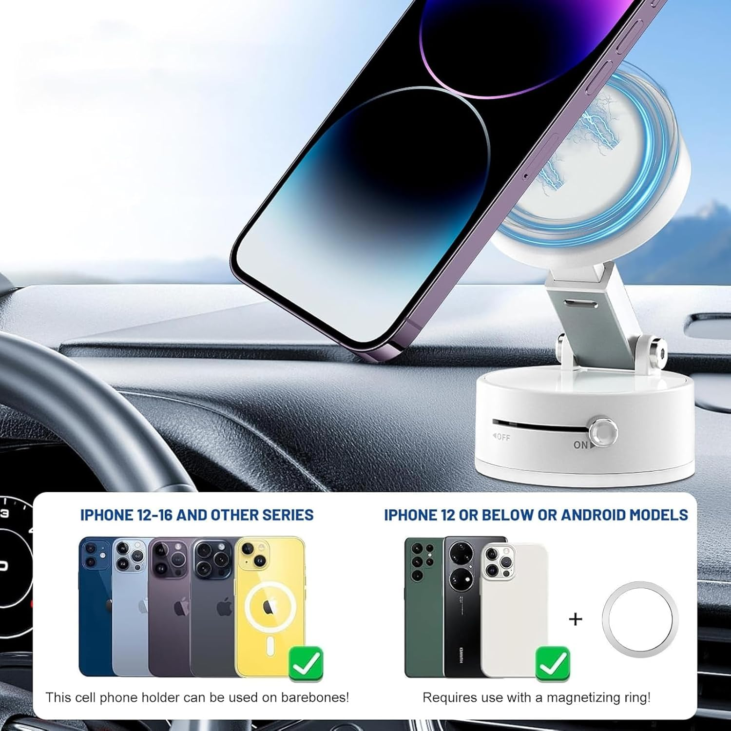 Vacuum Magnetic Phone Holder, 2025 New Foldable & Retractable Car Mount, 360&deg; Adjustable Suction Cup Stand for Iphone 16/15/14/13/12 & Suction Phones, Idea for Car/Mirror/Gym/Smooth Surfaces (White)