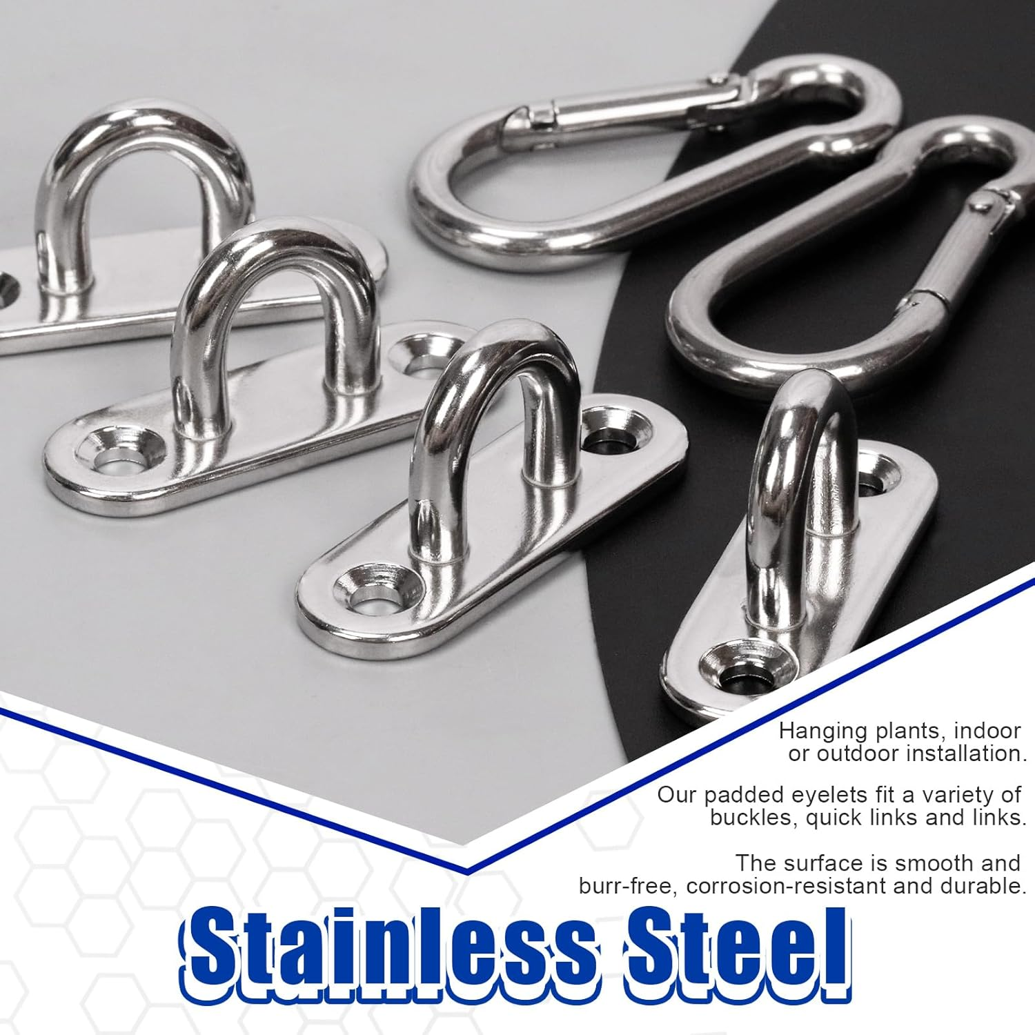 Glarks 4 Pack M5 Stainless Steel Pad Eye Plate Hook and Snap Hook Kit, Heavy Duty Eye Plate U Hooks Ring Hook Loop and Spring Snap Clips with Screws for Ceiling and Mounting Hanging Hardware image number 4