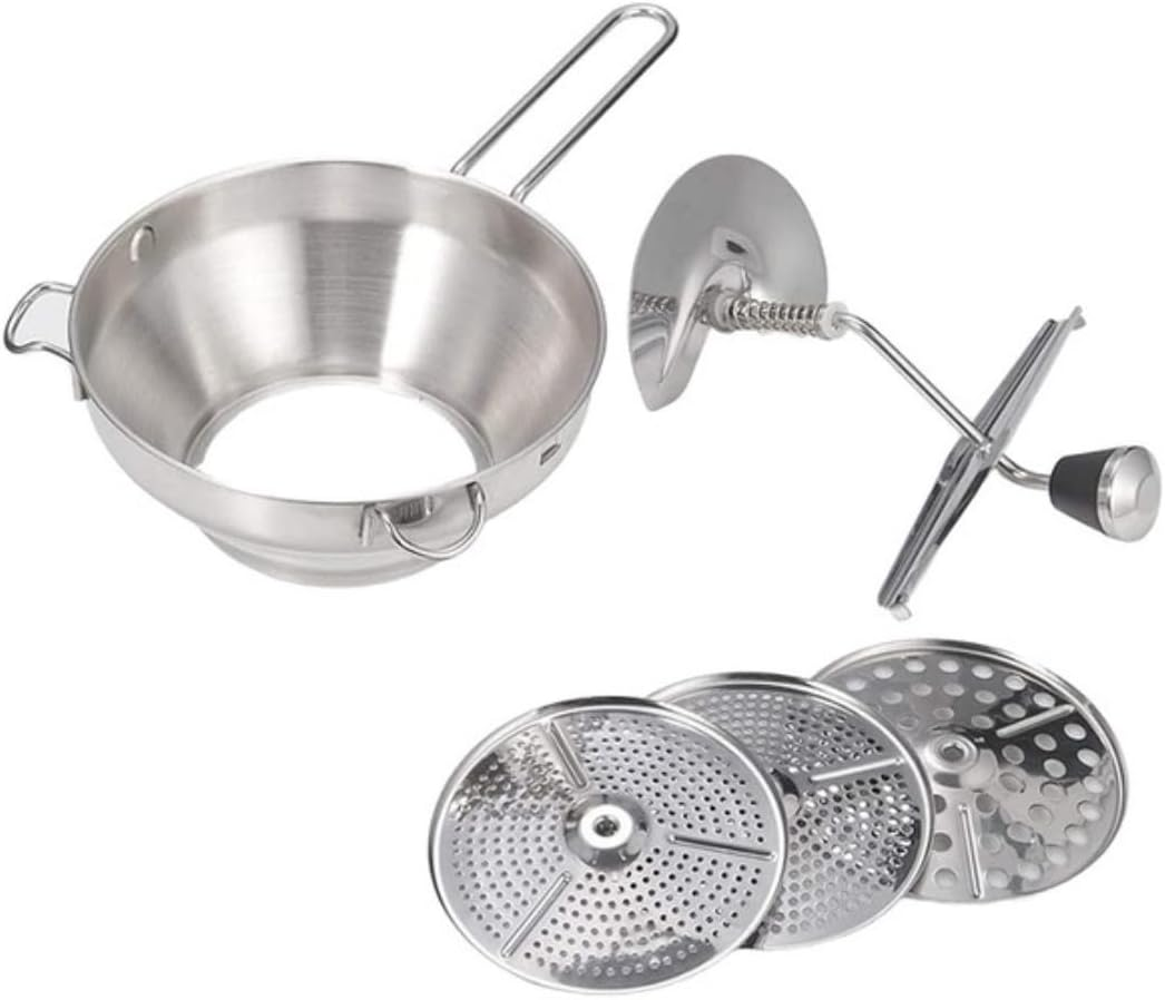PARENCE. - Stainless Steel Vegetable Grinder with 3 Interchangeable Discs - Manual Potato Masher &Oslash;20 Cm - Kitchen Utensils for Purees, Soups, Sauces and Compotes image number 1