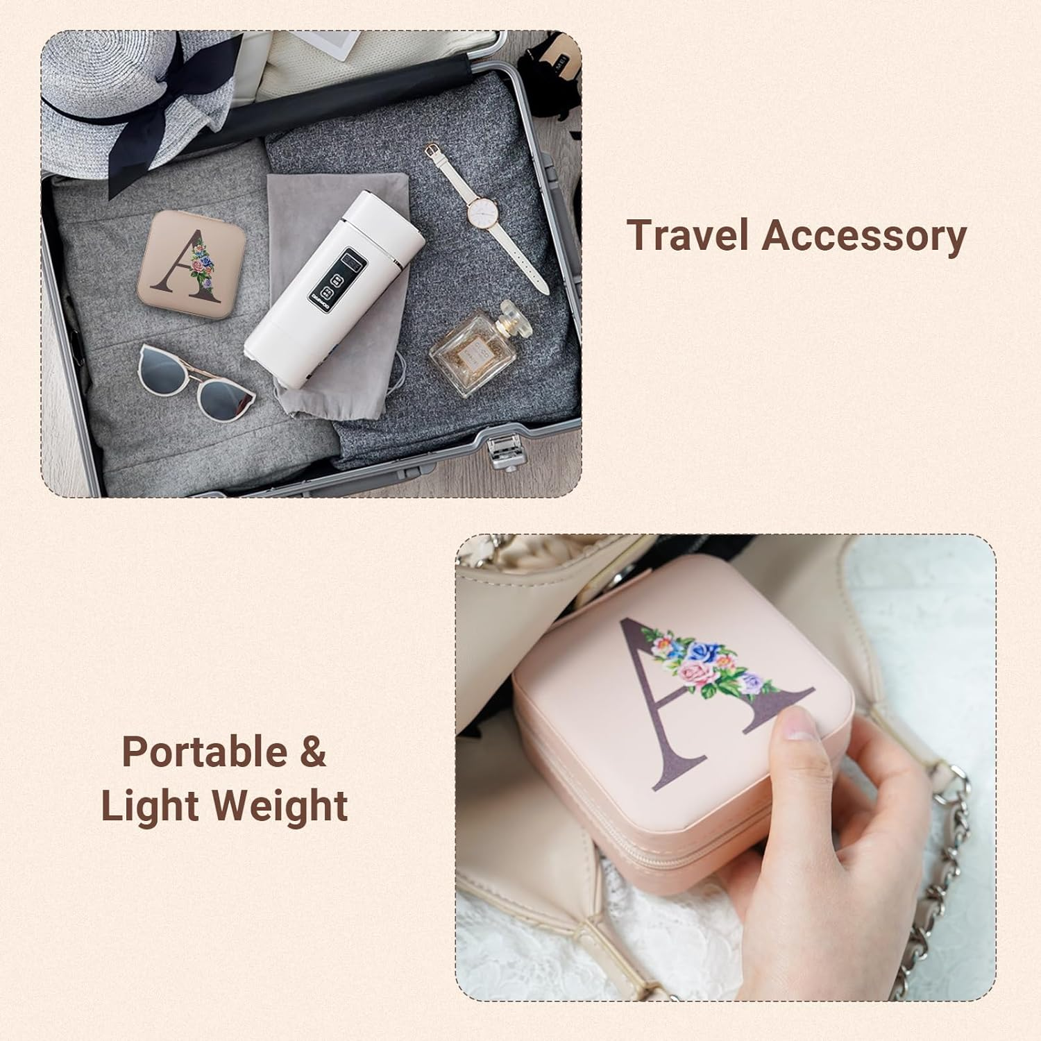 LIAN Travel Jewelry Box Initial Jewelry Case Small Jewelry Case with Mirror Accessories Ring Necklace Earring Jewelry Holder Organizer Birthday Graduation Teen Girl Personalized Gifts(U) image number 2