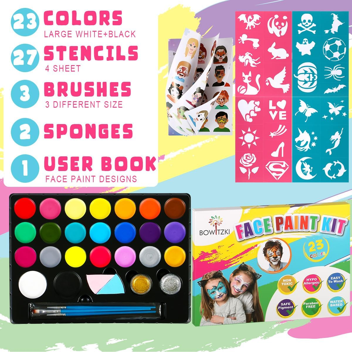Bowitzki Face Painting Kit for Kids 23 Colors Water Based Face Paint Kit Non Toxic Professional with Stencils Brushes for Parties Birthdays Halloween Christmas Body Makeup image number 5