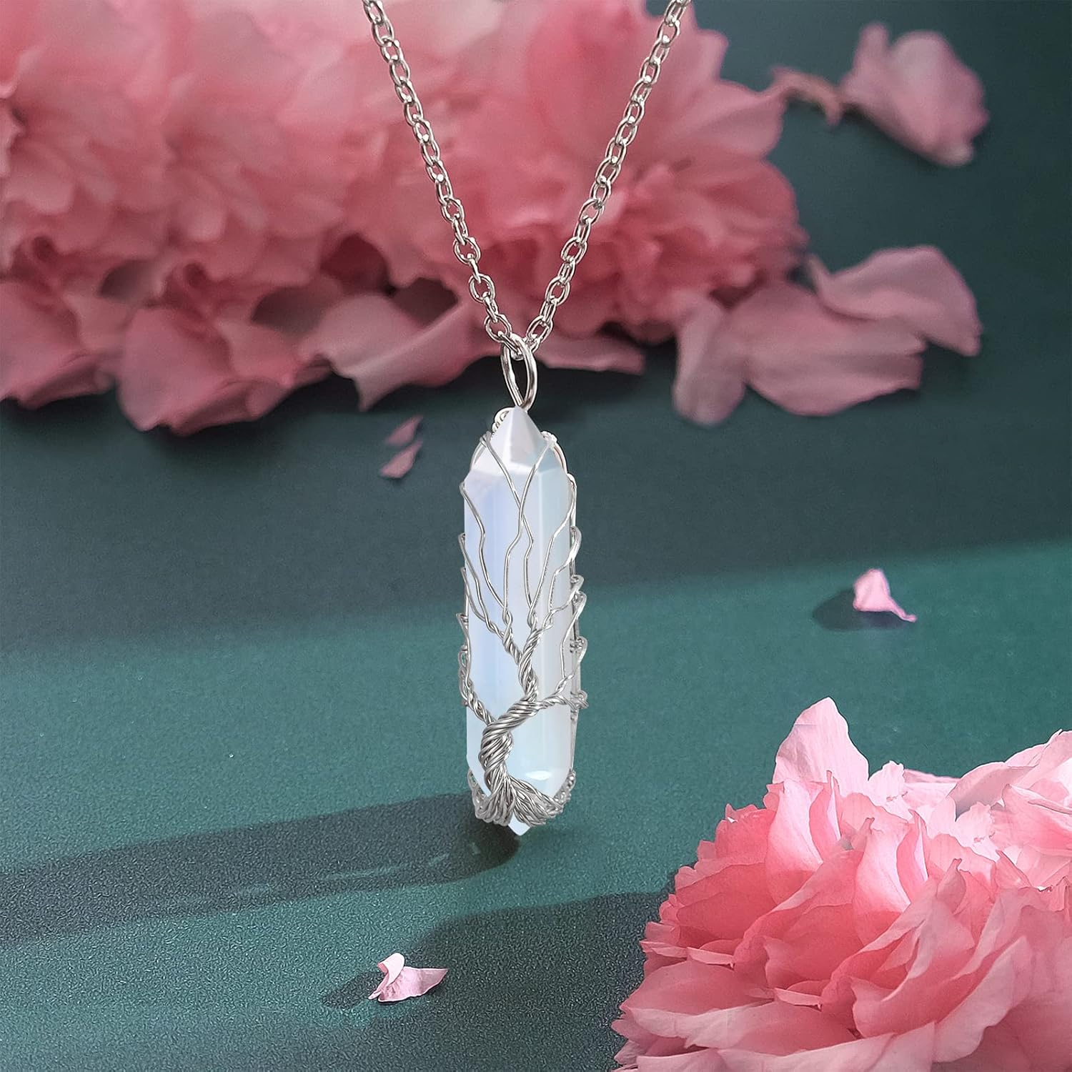 VIBILIA Healing Crystal Necklace Tree of Life Wire Wrapped Natural Stone Point Pendant Necklace Hexagonal Reiki Spiritual Quartz Gemstone Jewelry for Women Men image number 1