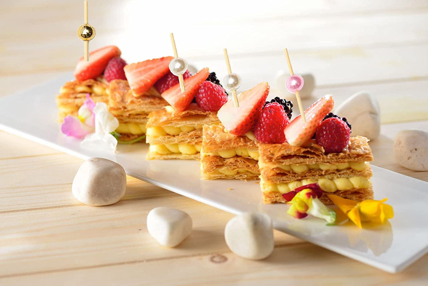 100 Pieces Bamboo Cocktail Picks, Betterjonny Wooden Toothpicks Pearl Fruit Sticks for Wedding Birthday Party Supplies (Pink Beads) - 5 Colors image number 4