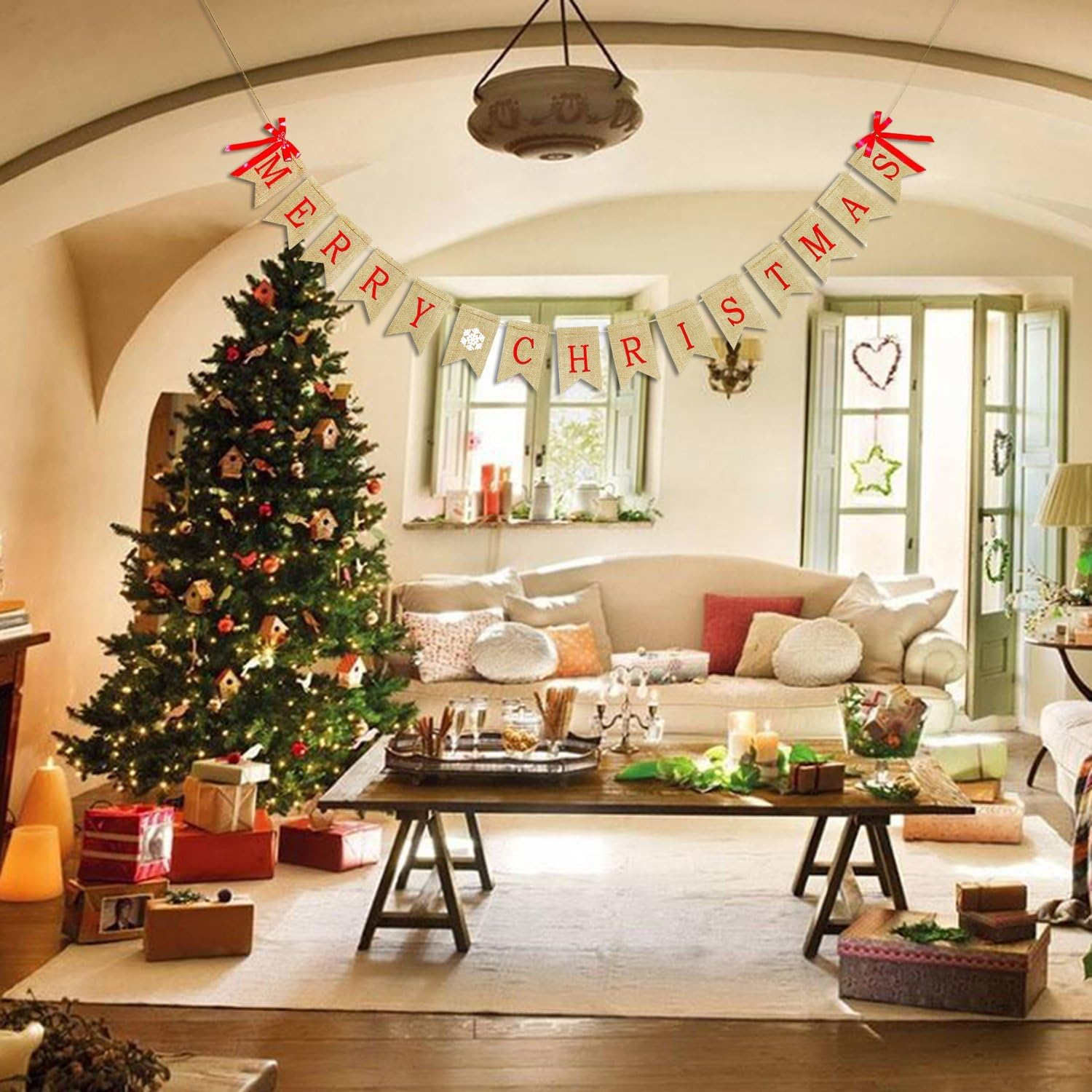 Merry Christmas Burlap Banner, Red with Brown Accents, 9.35FT Straight Christmas Banner image number 6