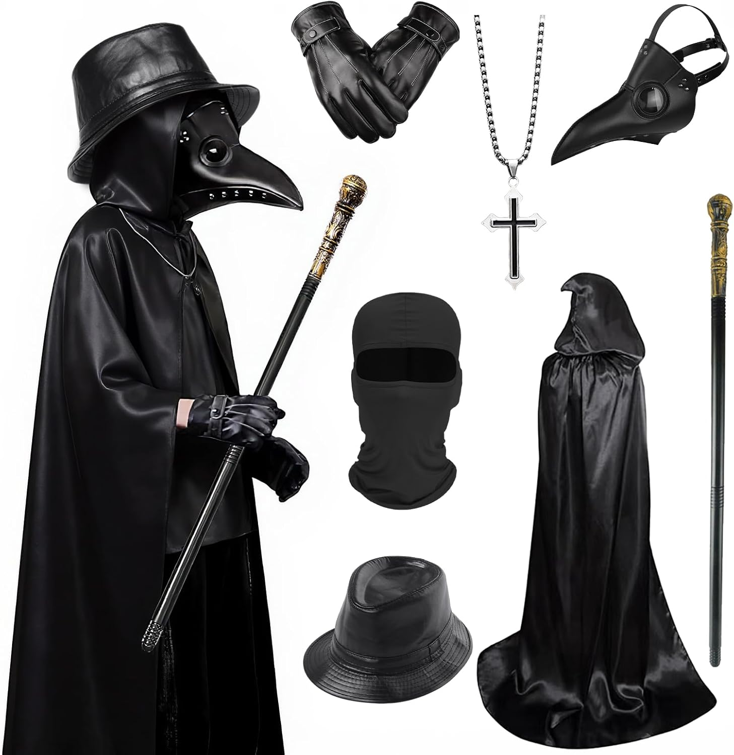 Plague Doctor Costume, Black Plague Doctor Costume Set with Mask Cloak Hat Scepter Necklace Gloves, Halloween Costume Cosplay image number 3