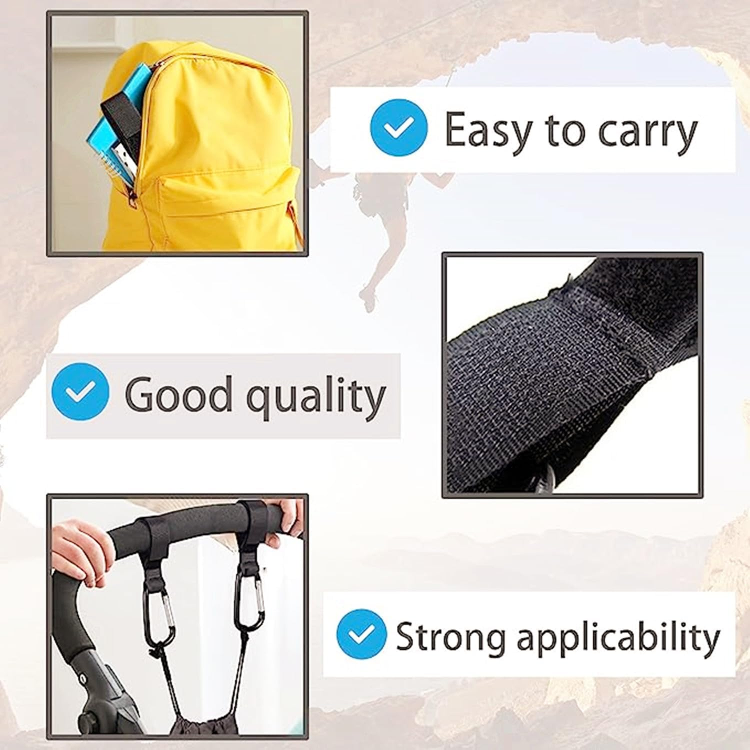 4 PCS Buggy Clips Hooks Baby Bag Clips,Pushchair Hooks,Pram Clips Adjustable Stroller Hooks for Hanging Baby Diaper Bags Change Bag, Multipurpose Hooks for Backpack, Shopping Bags, Purse (Black) image number 1