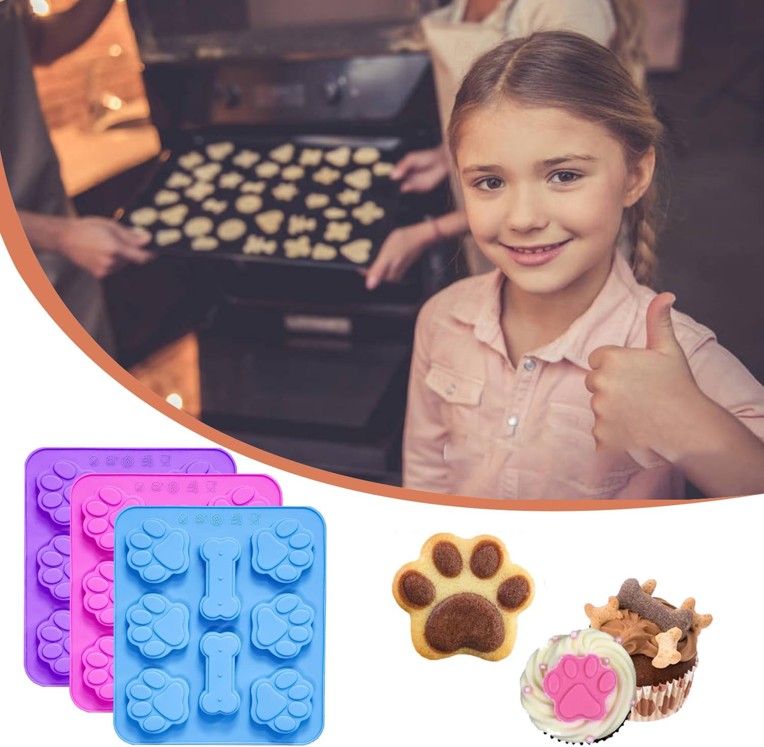 Sunyuneey 3 Pcs Silicone Dog Treat Molds, Pink & Blue, Puppy Paw & Bone Shapes, BPA Free, Oven, Microwave, Dishwasher Safe image number 2
