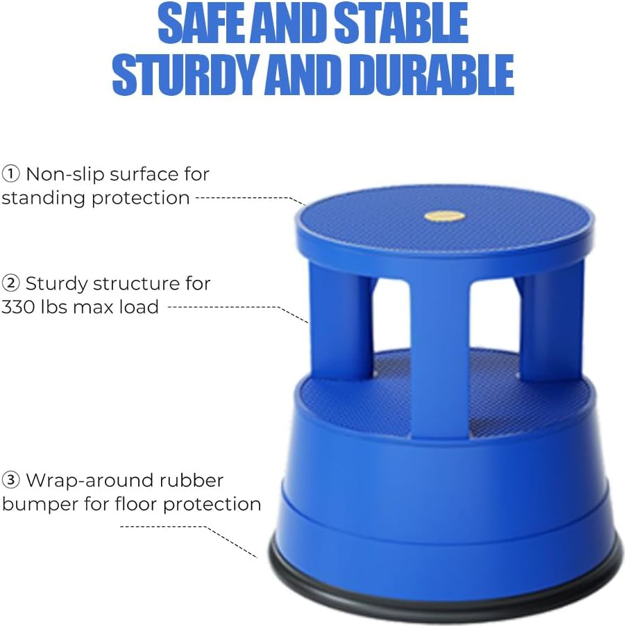 Rolling Step Stool, Movable Step Stool, Library Stool with Anti-Slip Platform, Portable round Step Stool with Wheels, Step Stool Suitable for Kitchen, Library, Office, Garage (Blue) image number 3