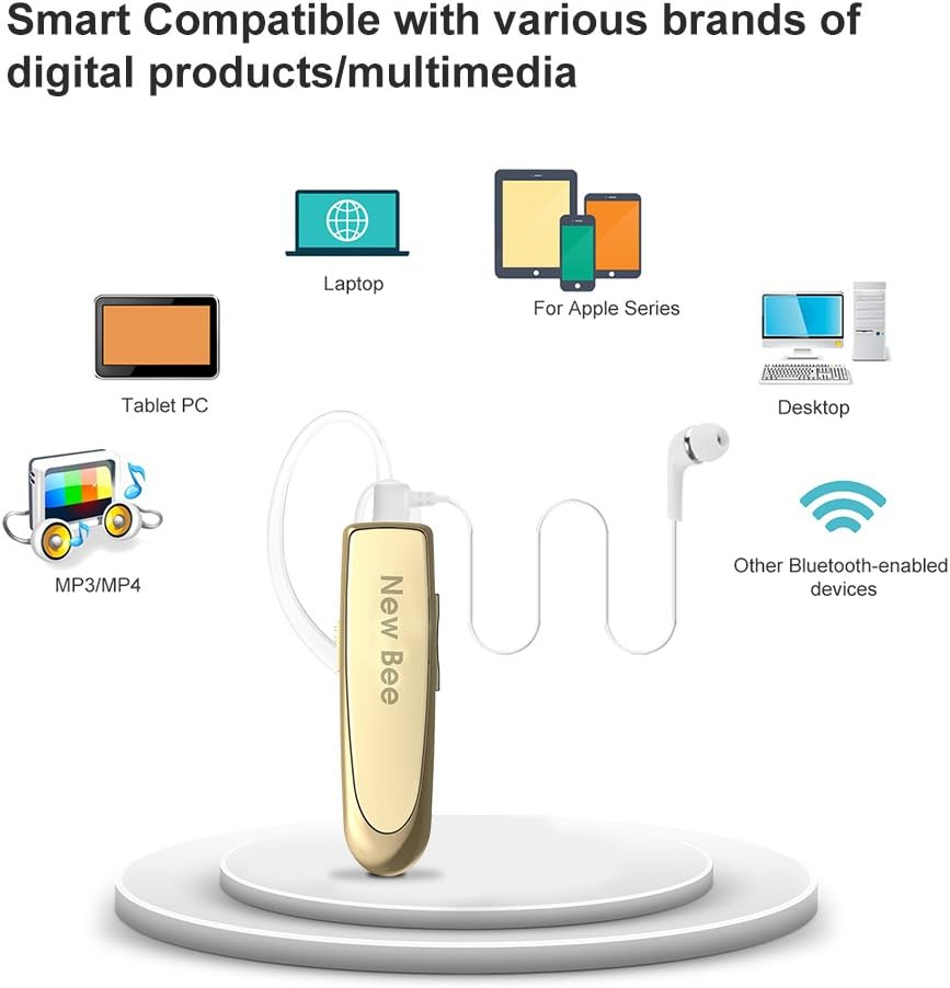 Bluetooth Headset Handsfree Wireless Bluetooth Earpiece New Bee Driving Earphone with Noise Cancelling Microphone 24 Hrs Talk Time Business In-Ear Headphones Earbuds for Apple Iphone X 8 7 6 6S, Samsung Galaxy, HTC, LG, SONY, PC, Laptop (Black) (Gold) image number 4