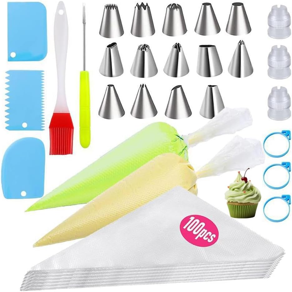 Piping Bags and Tips Set - Cupcakes Cake Decorating,Kit Baking Supplies,Stainless Steel Icing Cake Frosting Piping Tips with Reusable& Disposable Pastry Bags (125PCS) image number 6