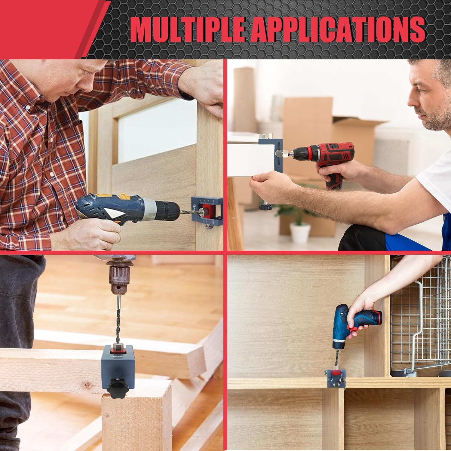 Self-Centering Doweling Jig Kit for Woodworking &ndash; Adjustable Width Dowel Jig for Straight Holes with 3 Drill Guide Bushings & 3 Drill Bits (1/4'',3/8'',5/16'')，Woodworking Joints Tools image number 4