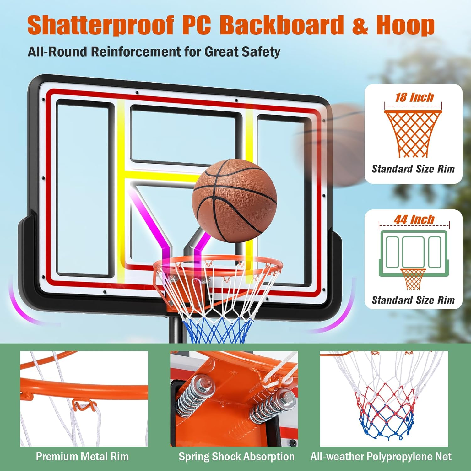 Giantex Basketball Hoop Outdoor - 7.4-10 FT Quickly Height Adjustable Basketball Net W/ 44 Inch Shatterproof PC Backboard, Fillable Base, Portable Basketball Hoop Indoor for Adults, Backyard, Driveway image number 6