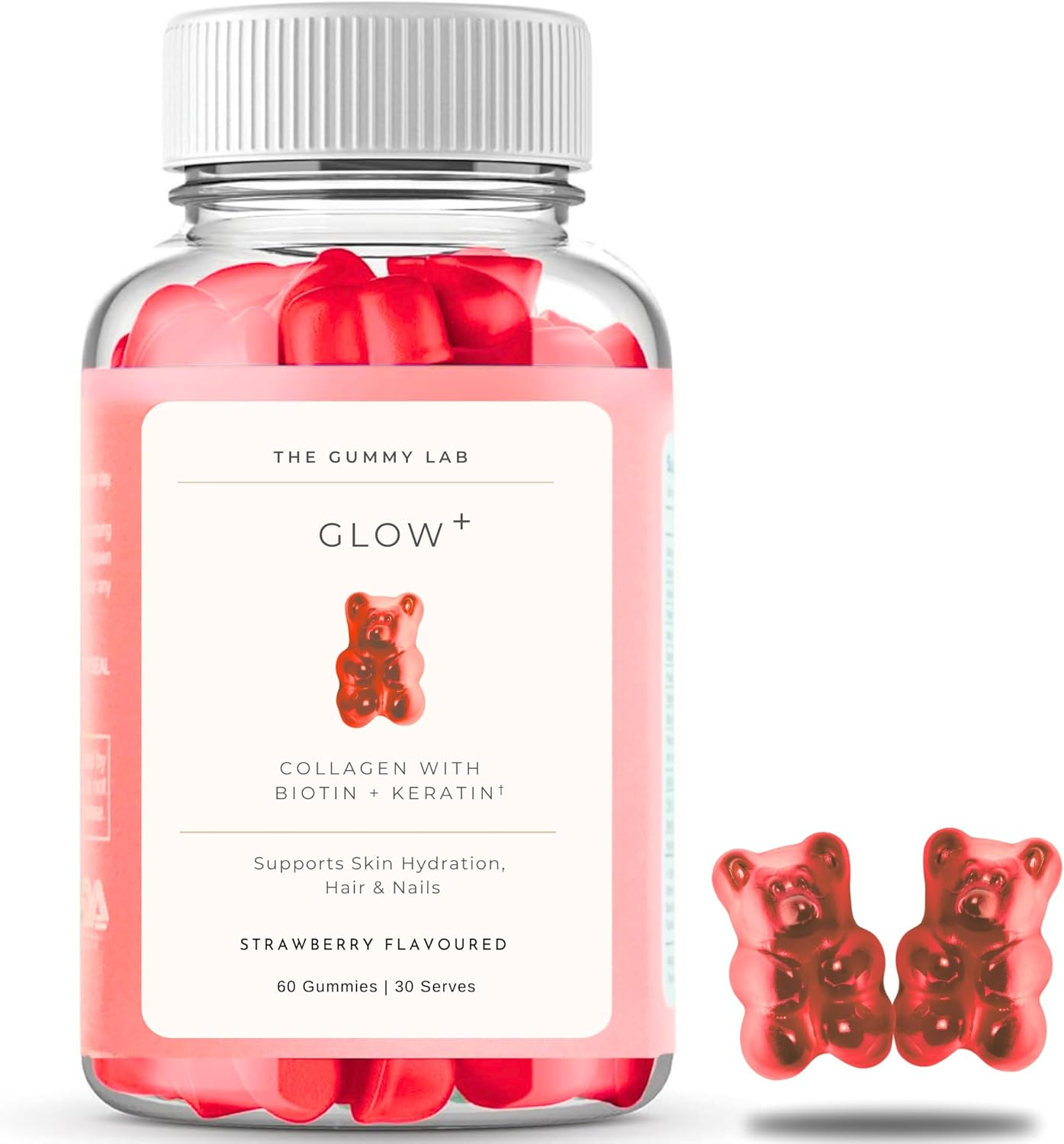 Glow+ Collagen Gummies - 1000Mg Hydrolyzed Marine Collagen with Biotin, Hydrolyzed Keratin, Hyaluronic Acid & Vitamins for Skin, Hair, Nails & Joints - 60 Strawberry - Flavored Gummies image number 3