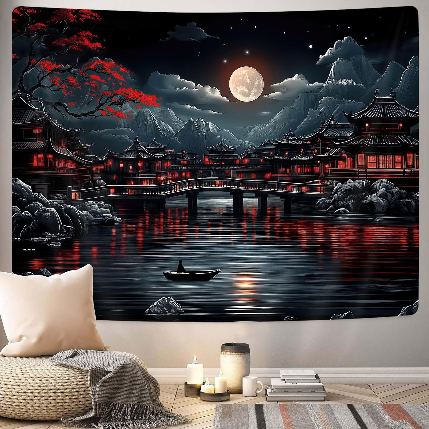 GOAOK Japanese Anime Tapestry, Cool Red and Black Dark Nature Mountain Riverside Full Moon Landscape Aesthetic Tapestry for Men, Asia Japanese Art Tapestries for Bedroom Living Room College, 60"X40" image number 3