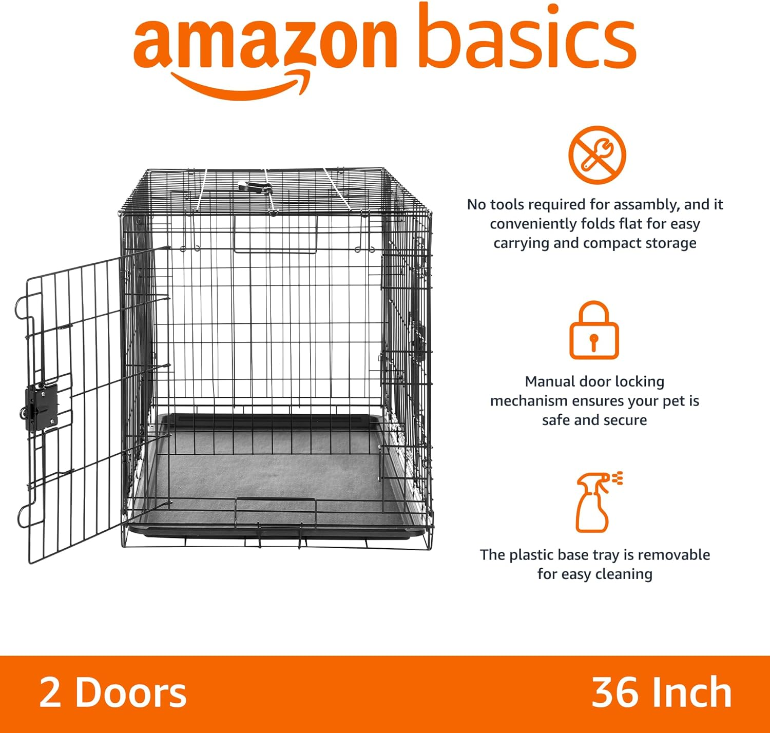Amazon Basics Foldable Metal Wire Dog Crate with Tray, Double Door, 91Cm Length, Black image number 1