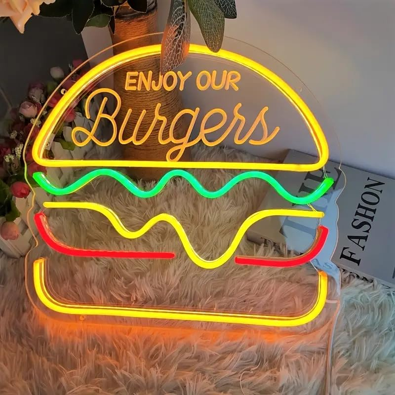 Hamburger Neon Sign with Dimmer Switch for Restaurant Shop Snack Bar Pub Burger Neon Lights for Home Bar Restaurant LED Food Lighting Wall Decoration