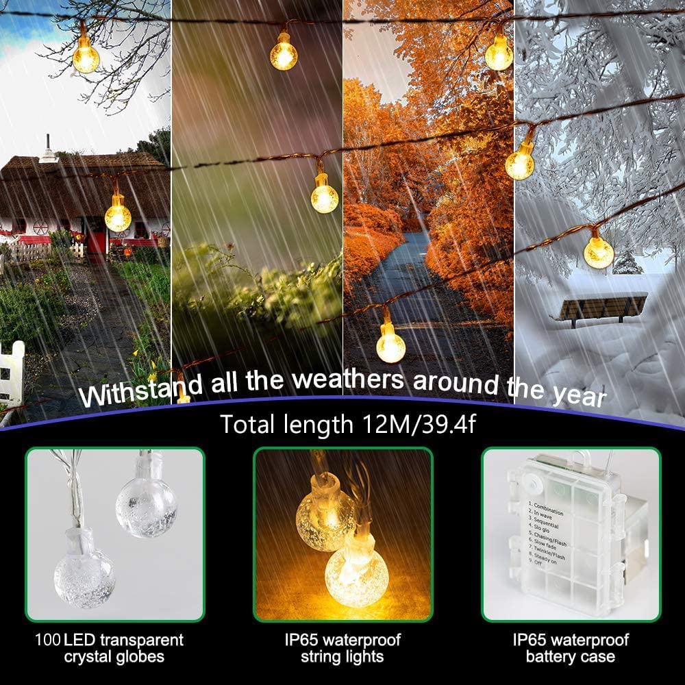 YOXUE LED Solar Ambient Lights, 42Ft/13M 100 LED 8 Mode Solar String Lights, Waterproof Solar Outdoor Christmas Lights for Garden, Patio, Fence, Balcony, Christmas Tree Decorations (Warm Colors) image number 6